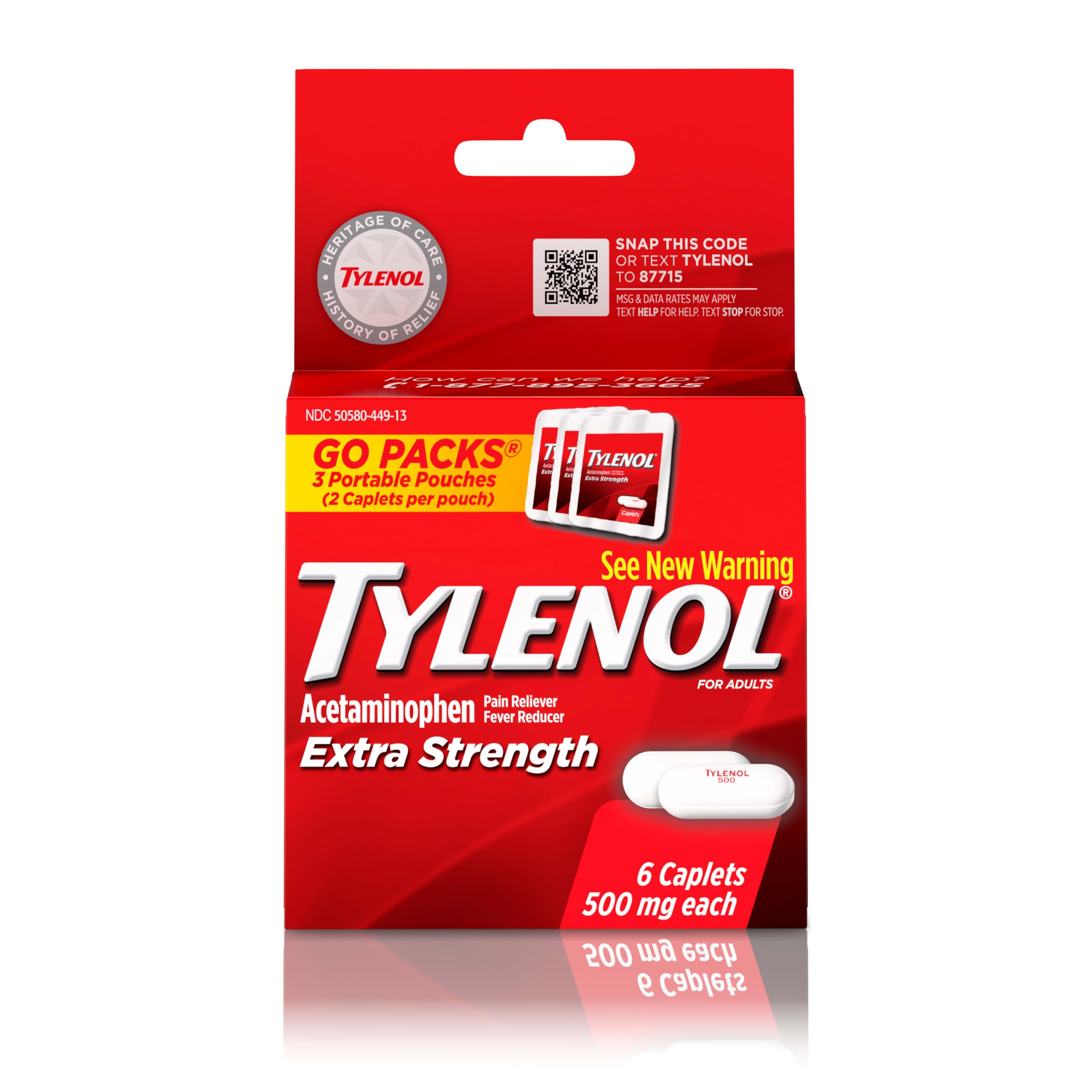 Tylenol Extra Strength 500 mg, emballage voyage pratique pour soulager fièvre et douleurs.