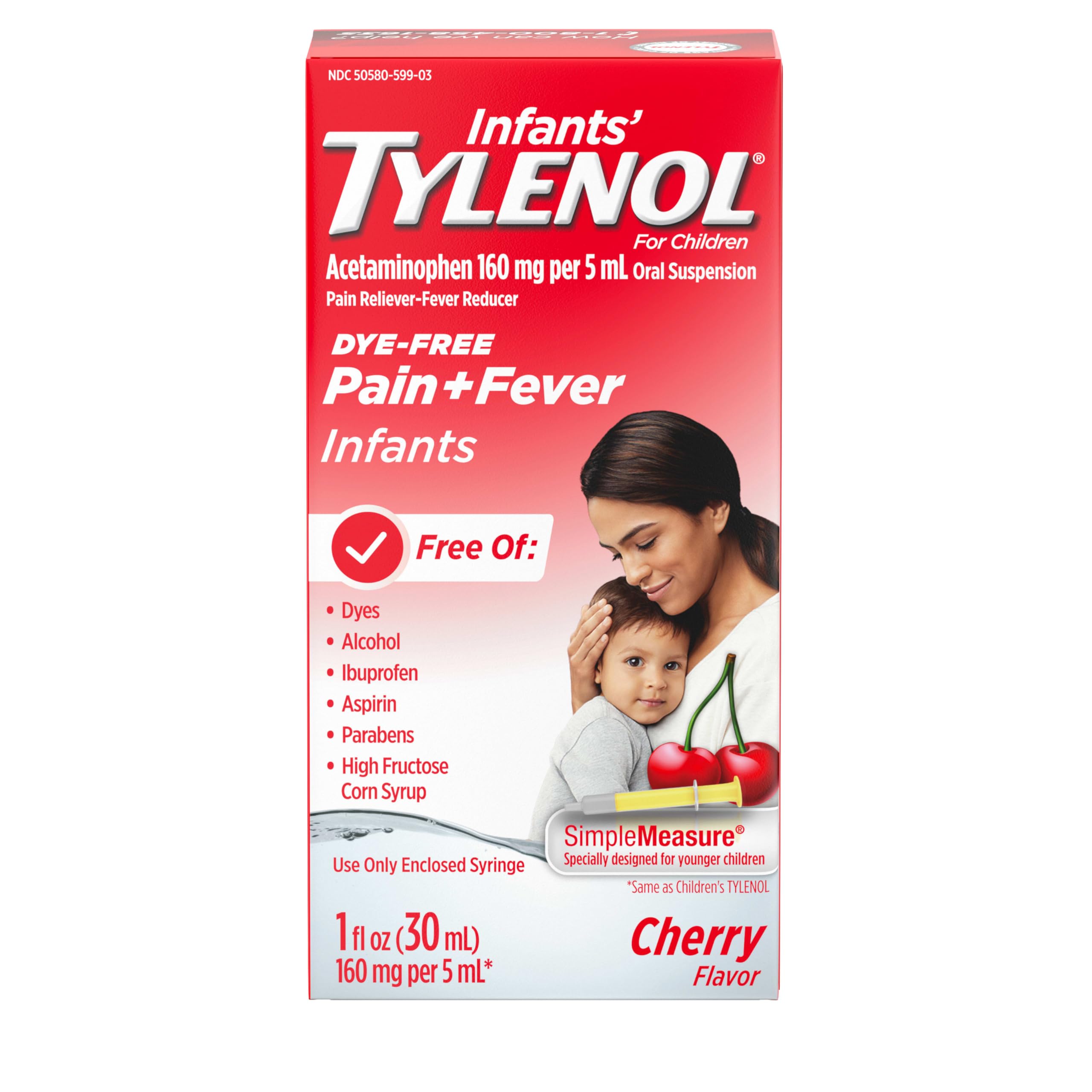 Tylenol pour nourrissons en flacon suspension orale cerise, soulagement temporaire des douleurs mineures.