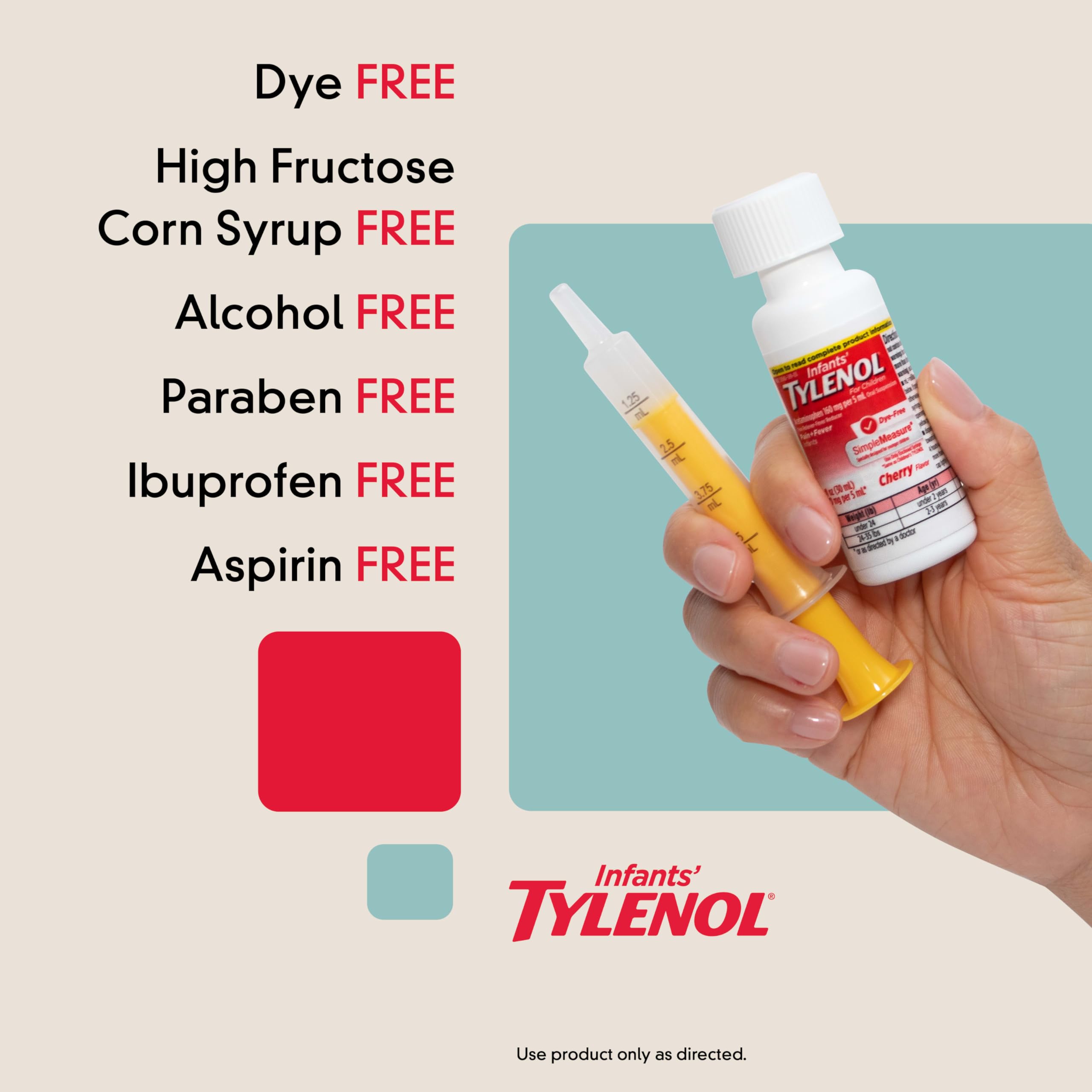Suspension cerise sans colorant, Tylenol pour nourrissons au goût agréable.