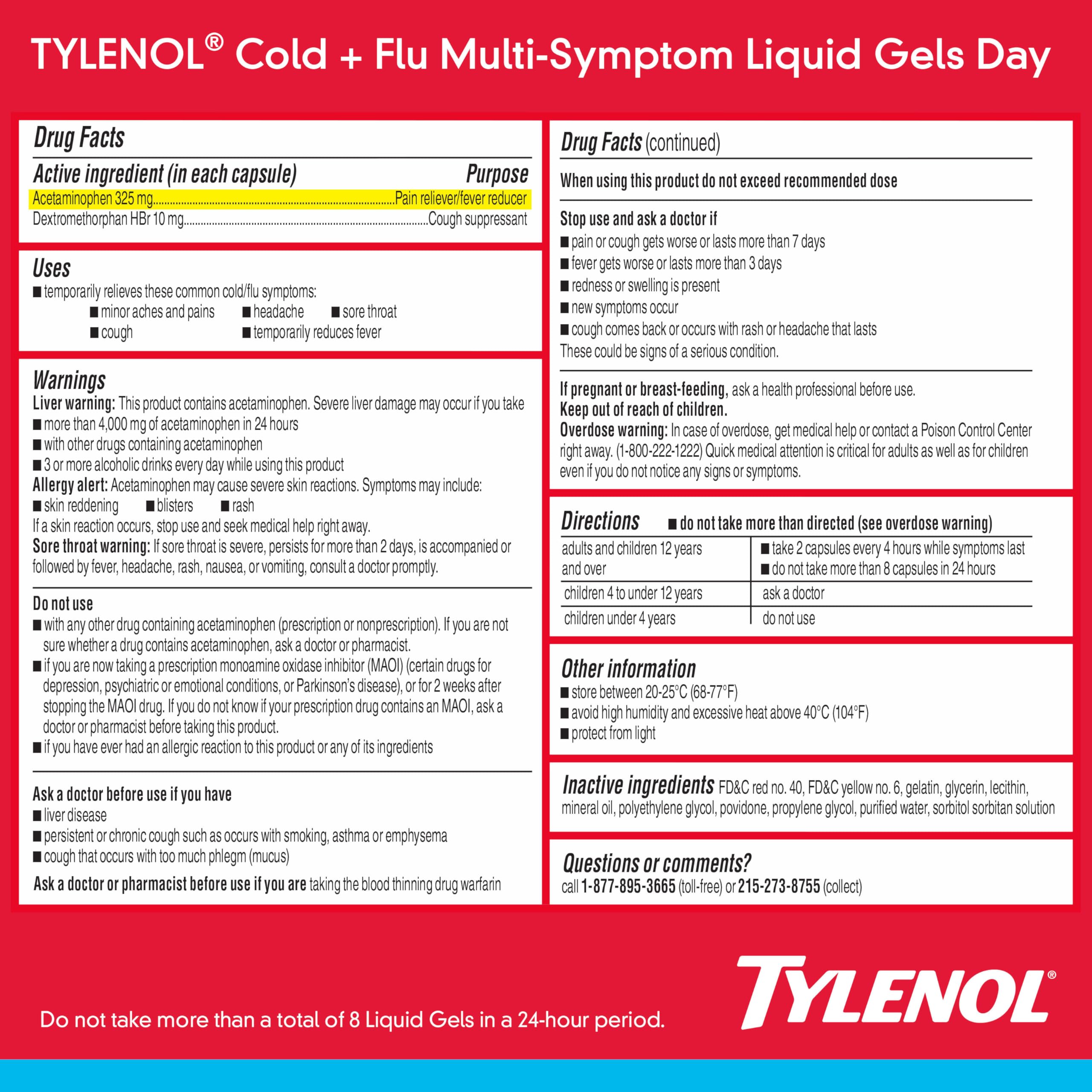 Gélules liquides Tylenol Jour, utilisation diurne adaptée pour adultes et adolescents.