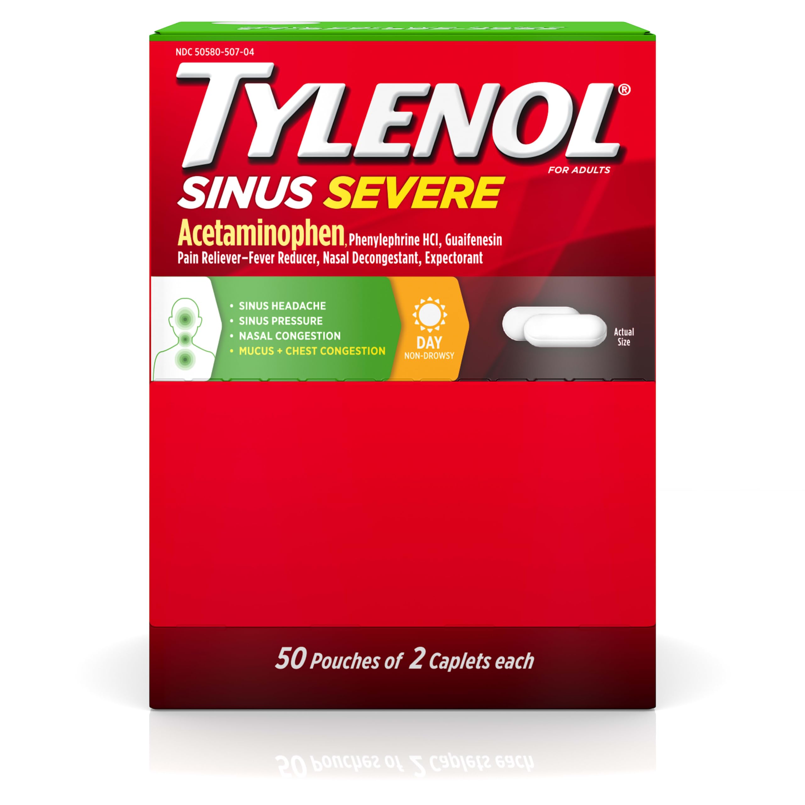 Tylenol Sinus Severe Daytime Caplets dans une boîte portable, pratique pour le voyage.