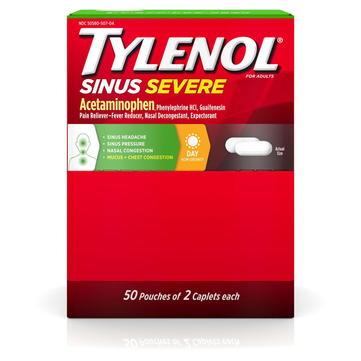 Tylenol Sinus Severe Daytime Caplets dans une boîte portable, pratique pour le voyage.