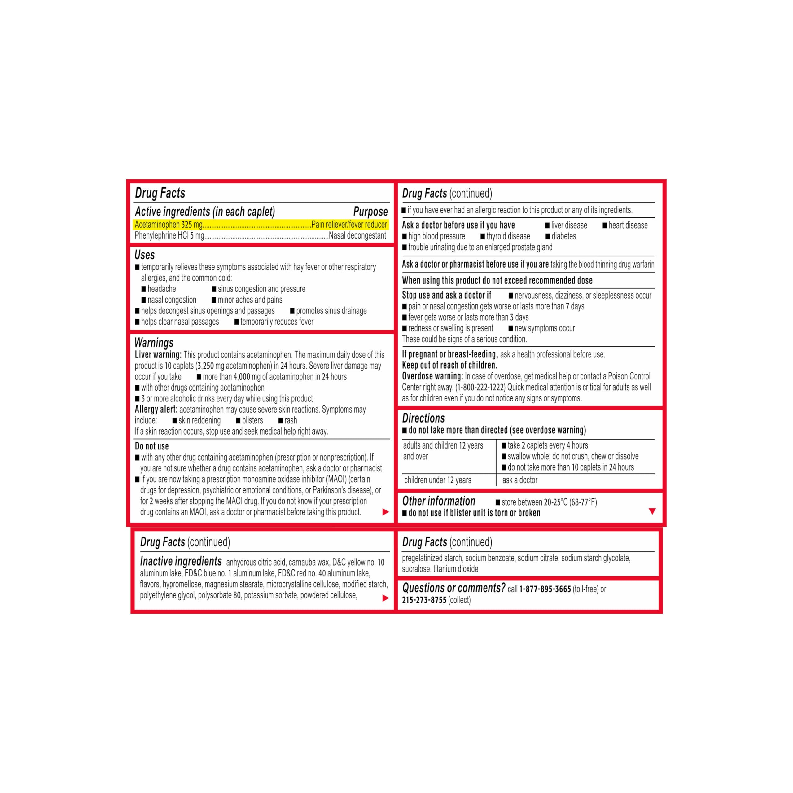 Tylenol Sinus + Mal de Tête Comprimés, boîte 24 et détails d’usage.