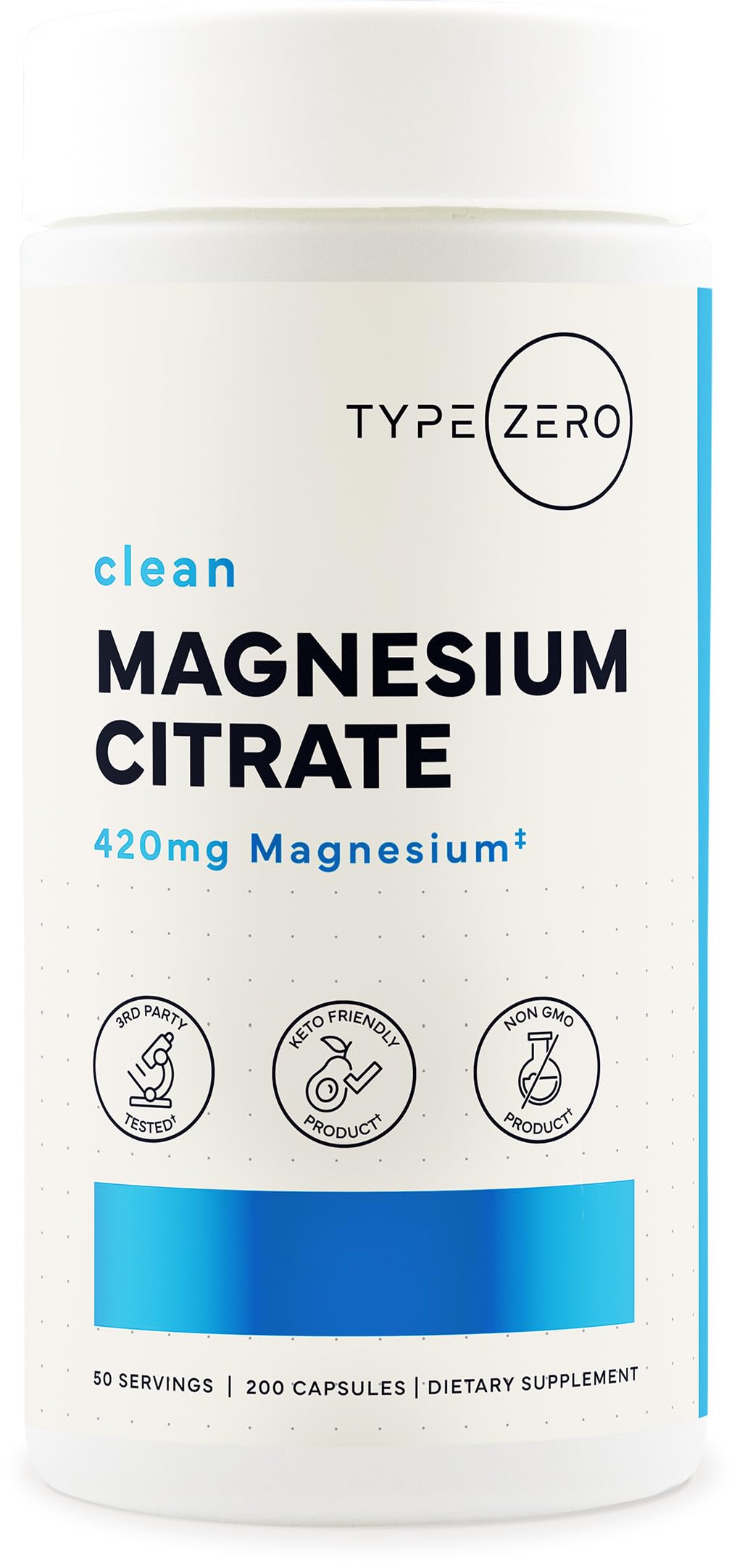 Capsules Type Zero Magnésium citrate 420 mg dans une bouteille pour l'usage quotidien.