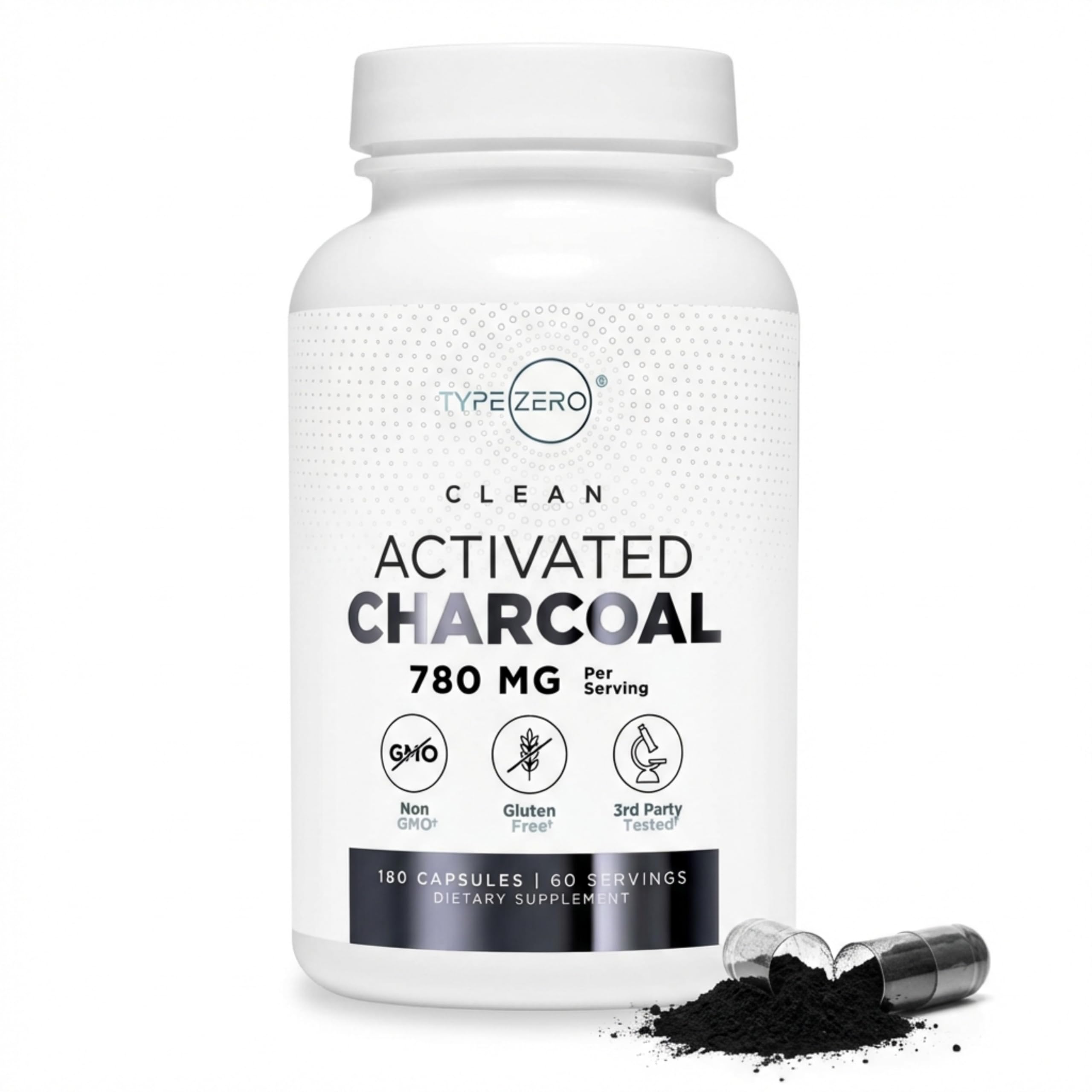Type Zero Charbon Actif capsules, bouteille, soutien naturel au bien-être quotidien