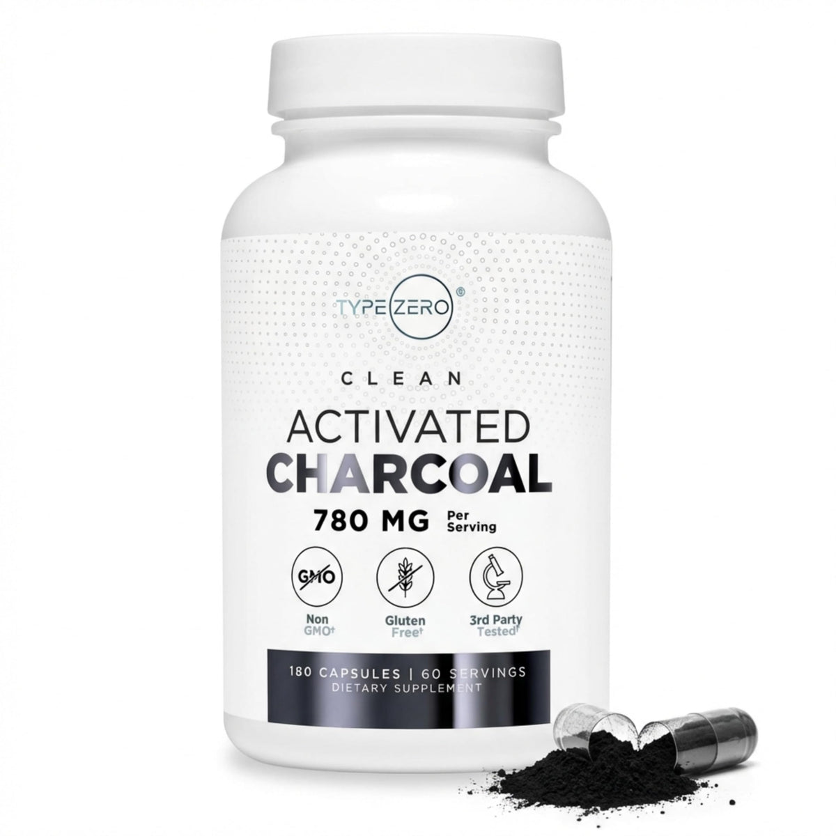 Type Zero Charbon Actif capsules, bouteille, soutien naturel au bien-être quotidien