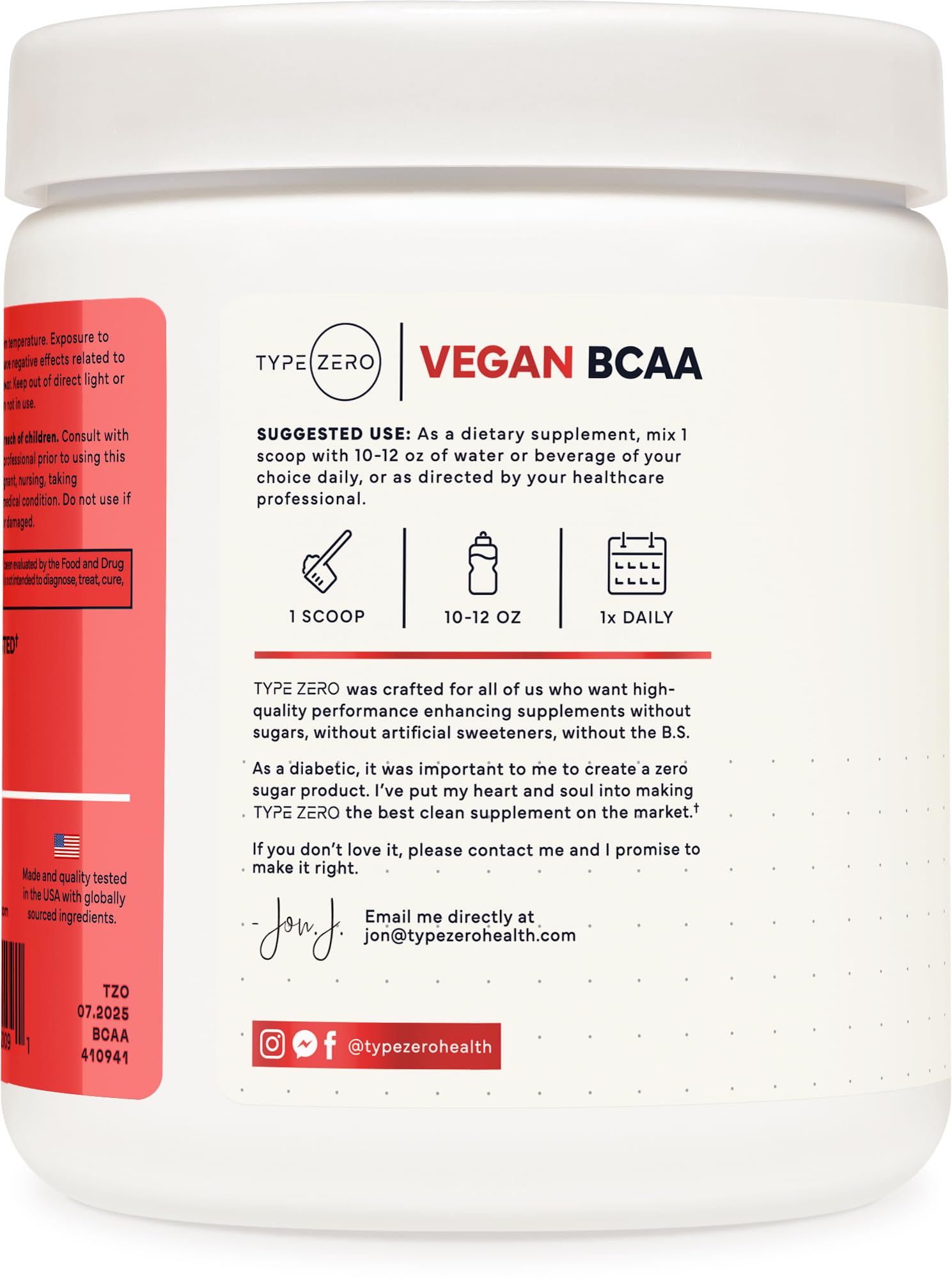 Étiquette Type Zero BCAA vegan sans sucre sur l'emballage