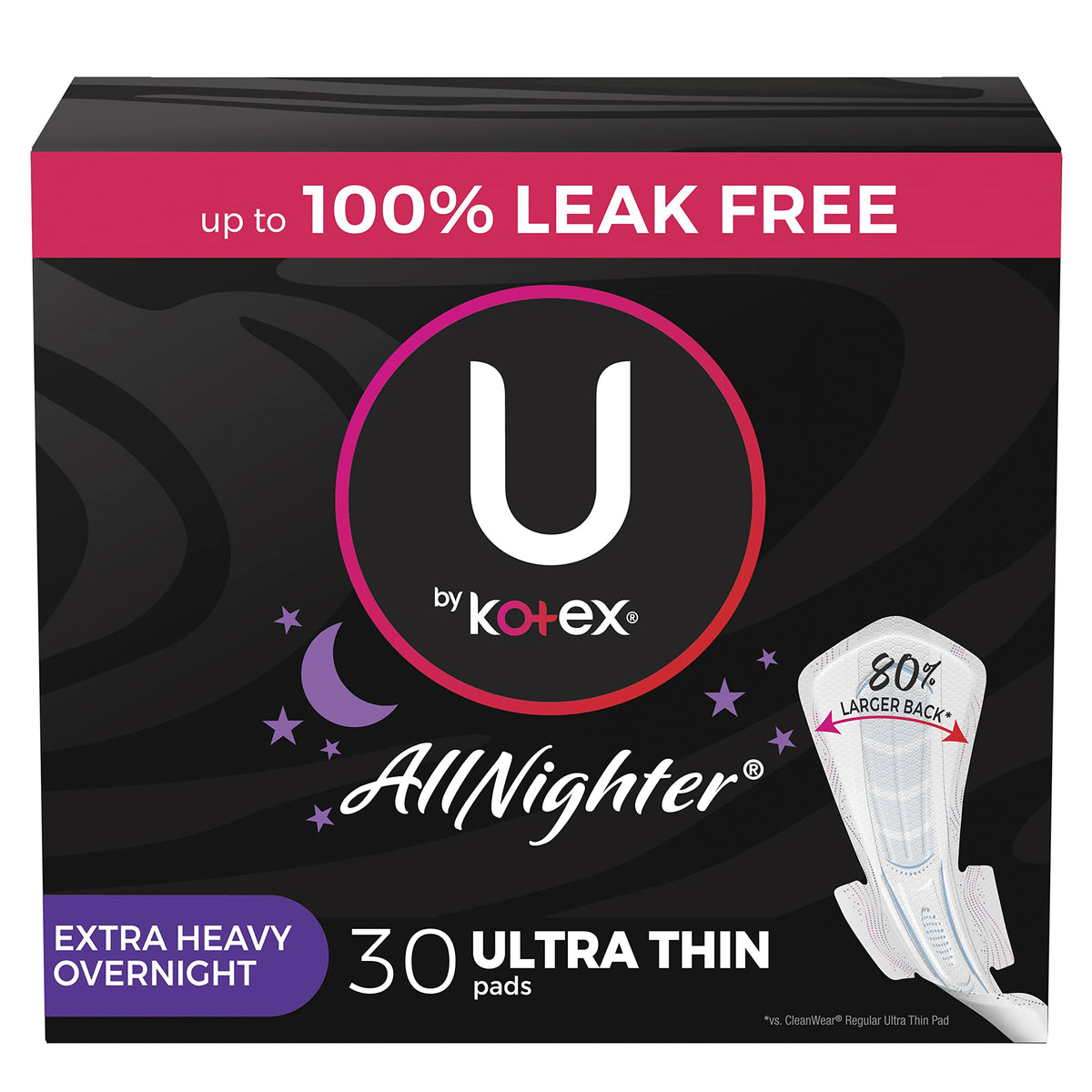 U by Kotex AllNighter avec ailes: protection nocturne renforcée pour des nuits sans fuite.