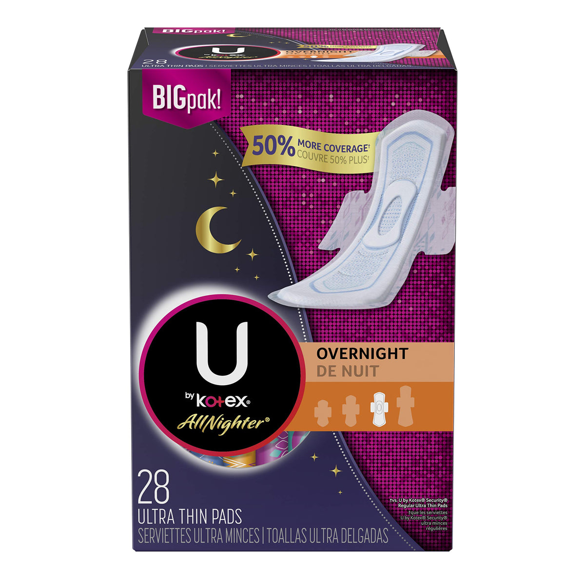 U by Kotex AllNighter avec ailes, protection nocturne fiable et confortable pour la nuit.