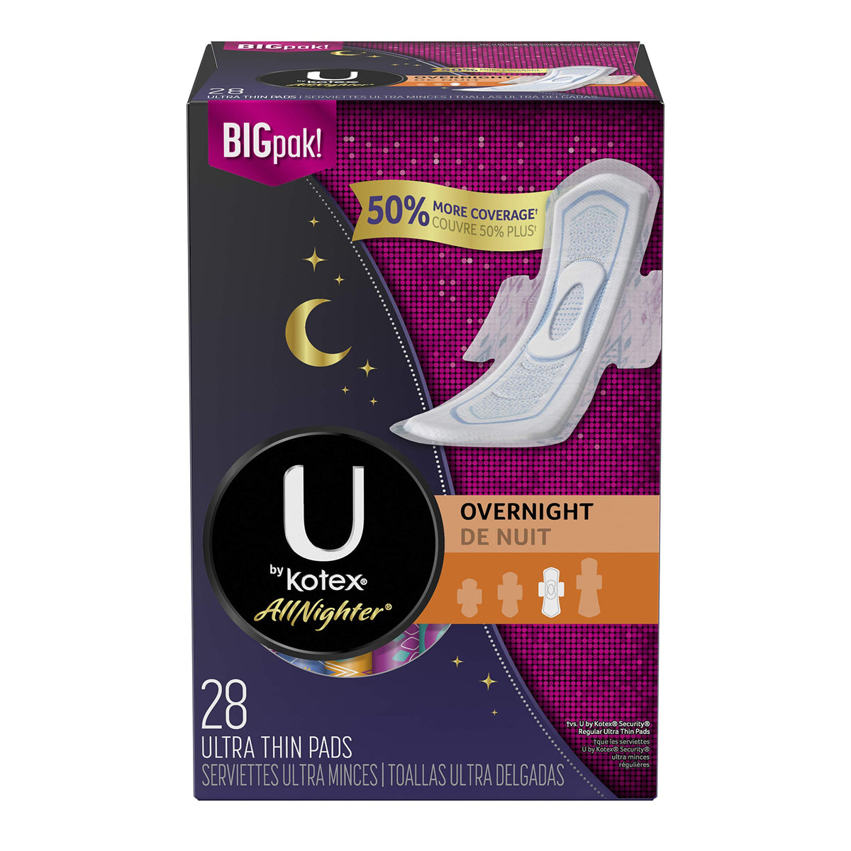 U by Kotex AllNighter avec ailes: emballage nocturne pour protéger la literie.