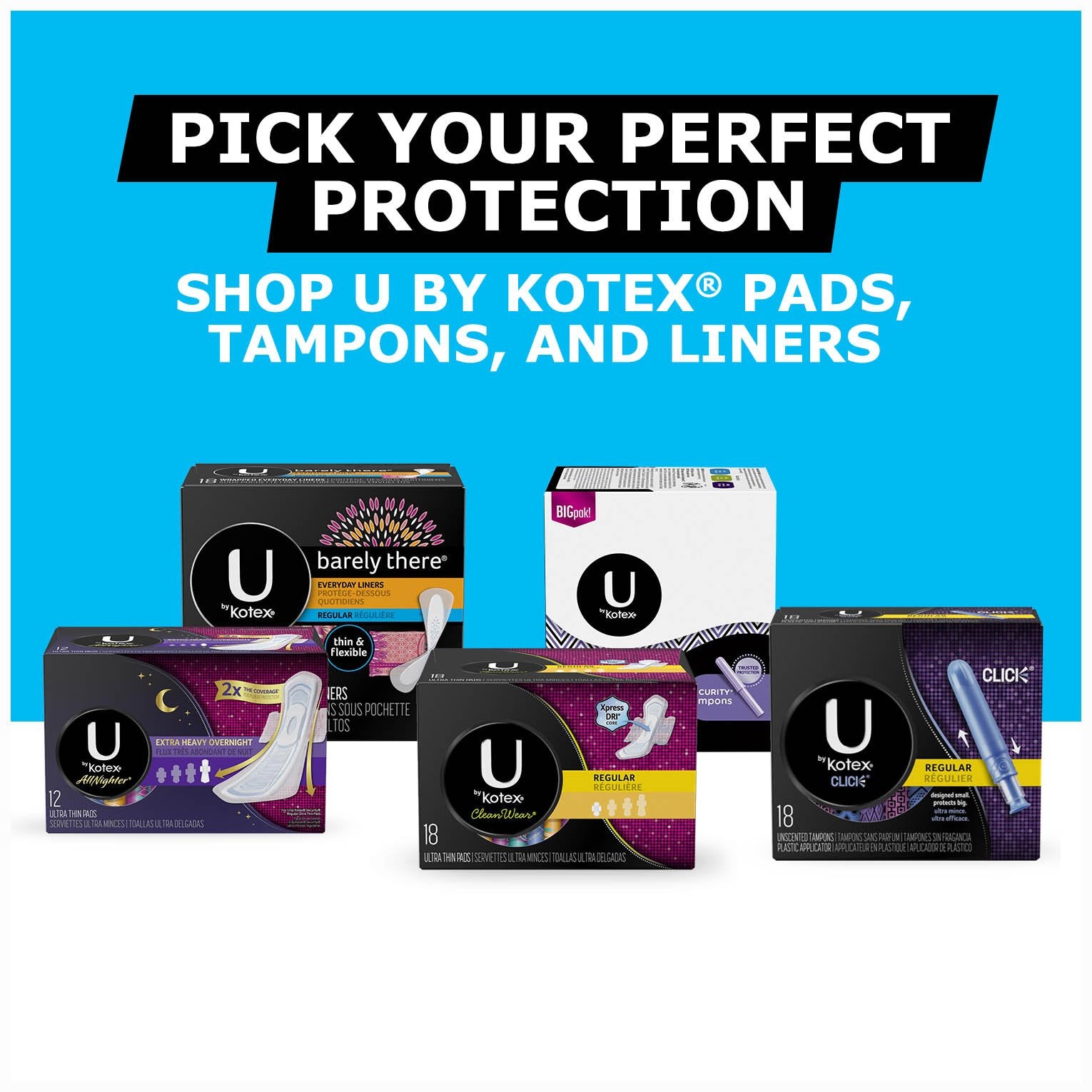 U by Kotex Lightdays Plus Liners canaux anti-fuites intégrés pour sécurité.
