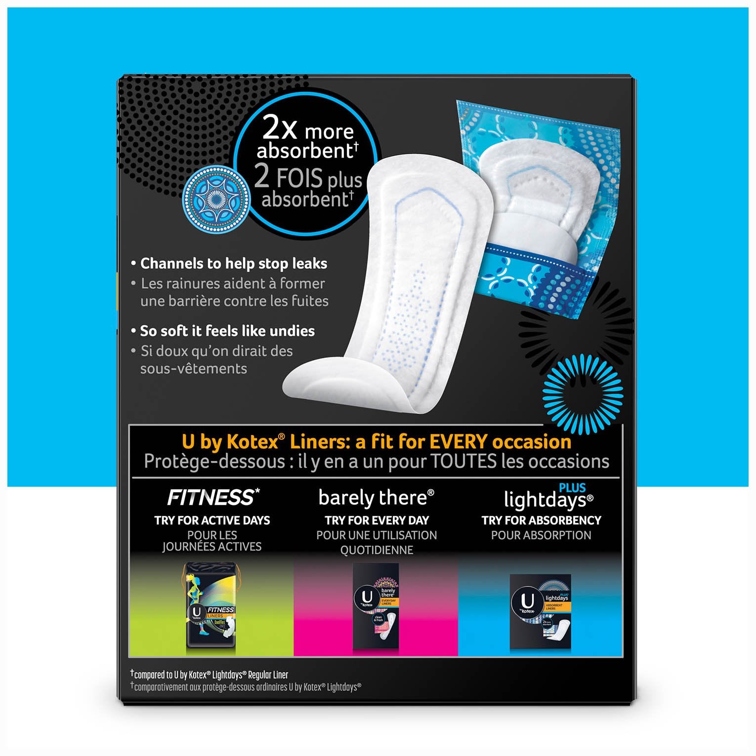 U by Kotex Lightdays Plus Liners sans parfum ni lotion pour peau sensible.