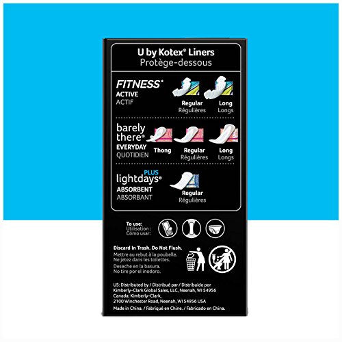 U by Kotex Lightdays Plus Liners emballage individuel, quatre designs colorés.