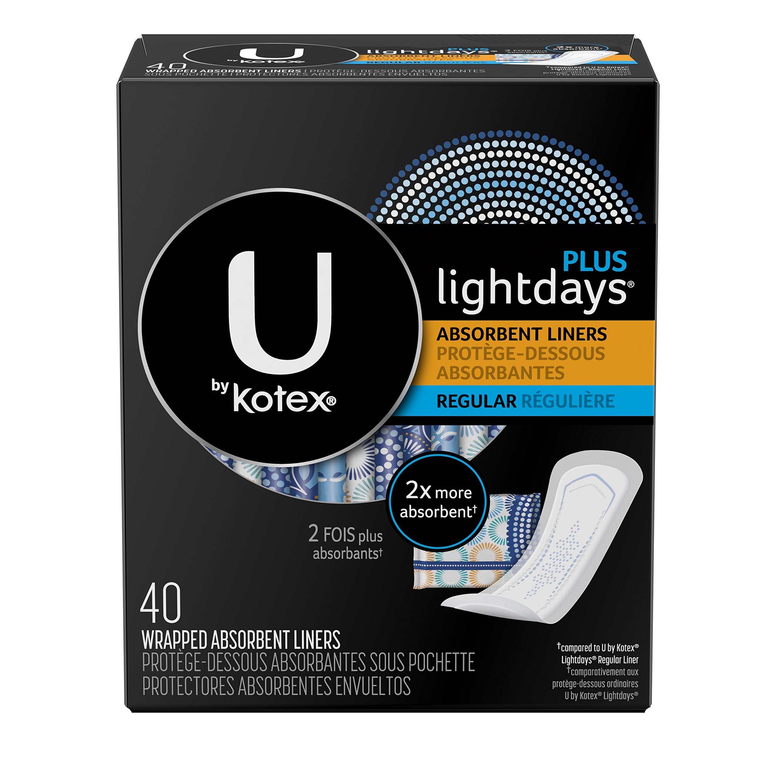 U by Kotex Lightdays Plus Liners emballage coloré, pratique et discret.