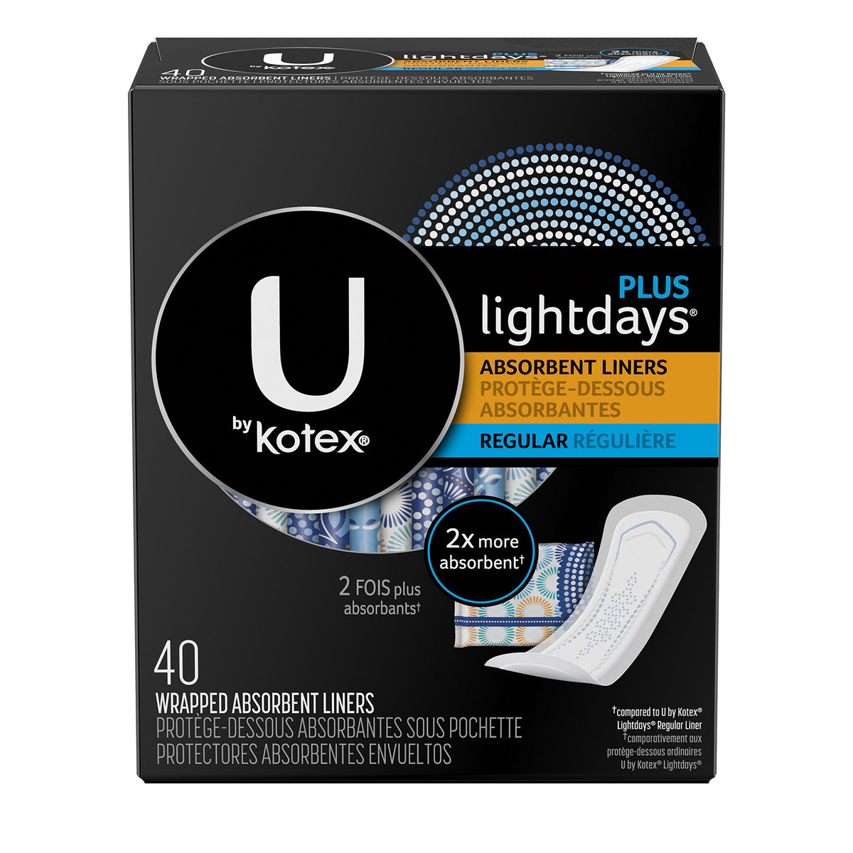 U by Kotex Lightdays Plus Liners emballage coloré, pratique et discret.