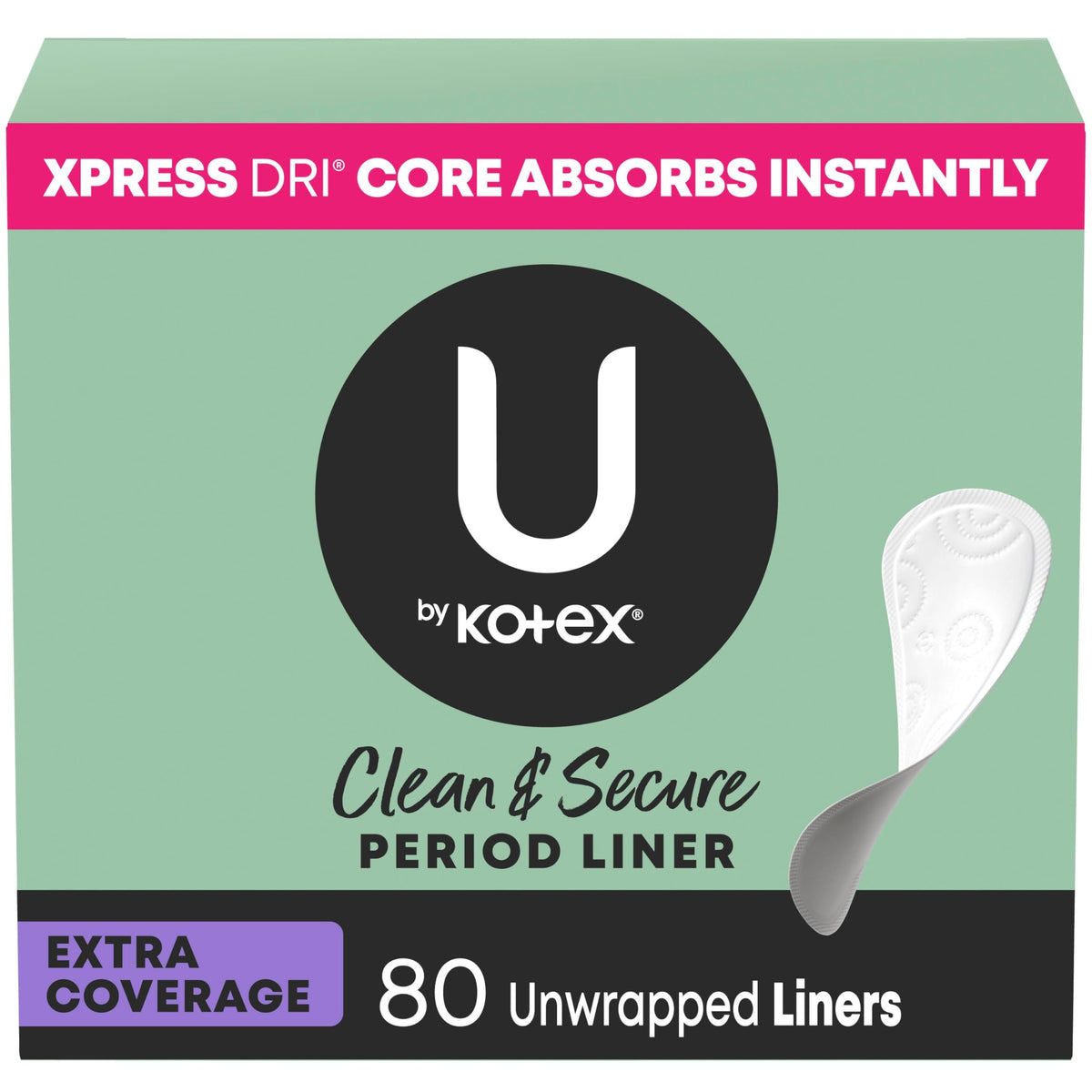 Protège-slips U by Kotex Clean & Secure, 80 unités, emballage variable et pratique au quotidien.