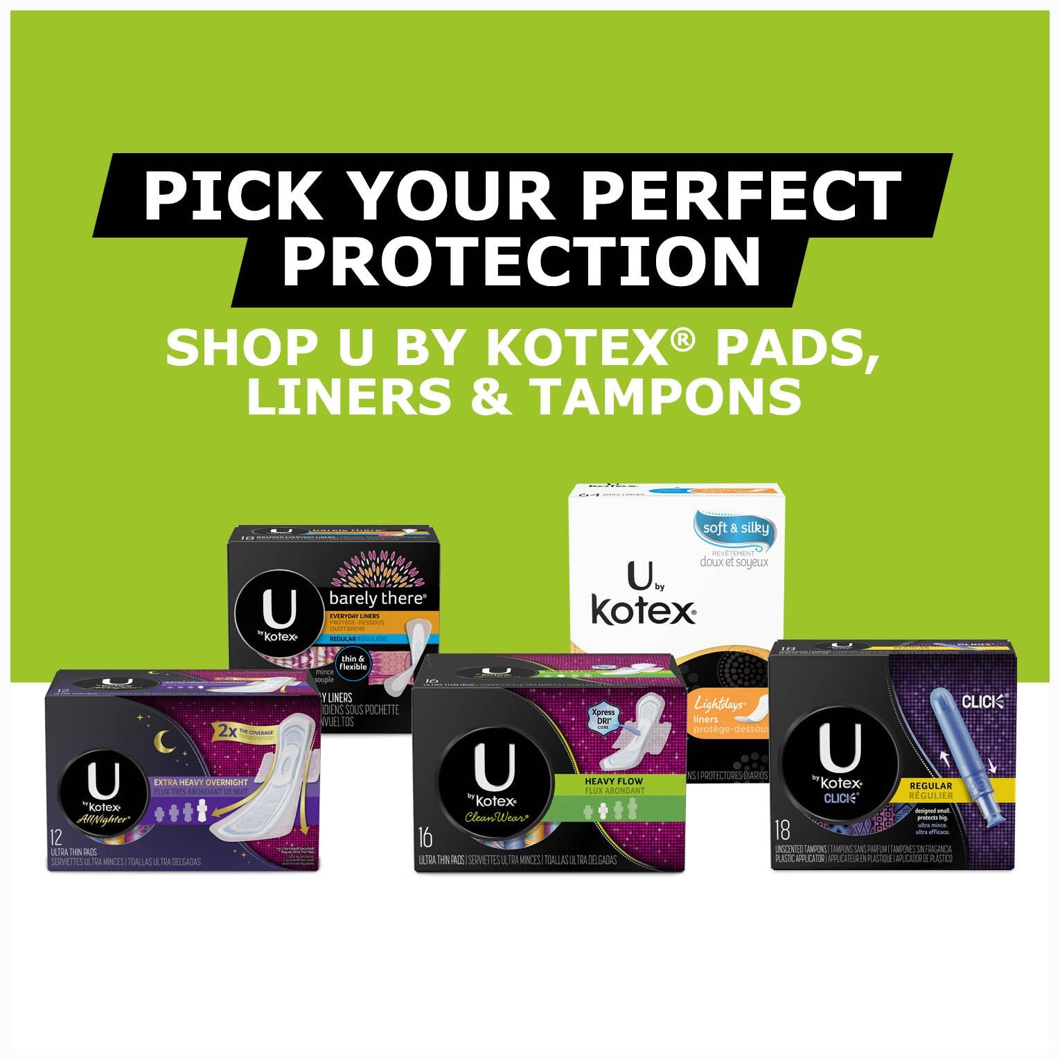 U par Kotex emballages individuels dans quatre designs colorés.