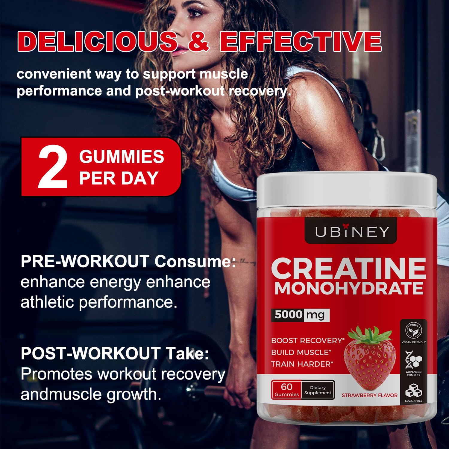 Étiquette Ubiney Creatine gommes affichant goût fraise et format pratique