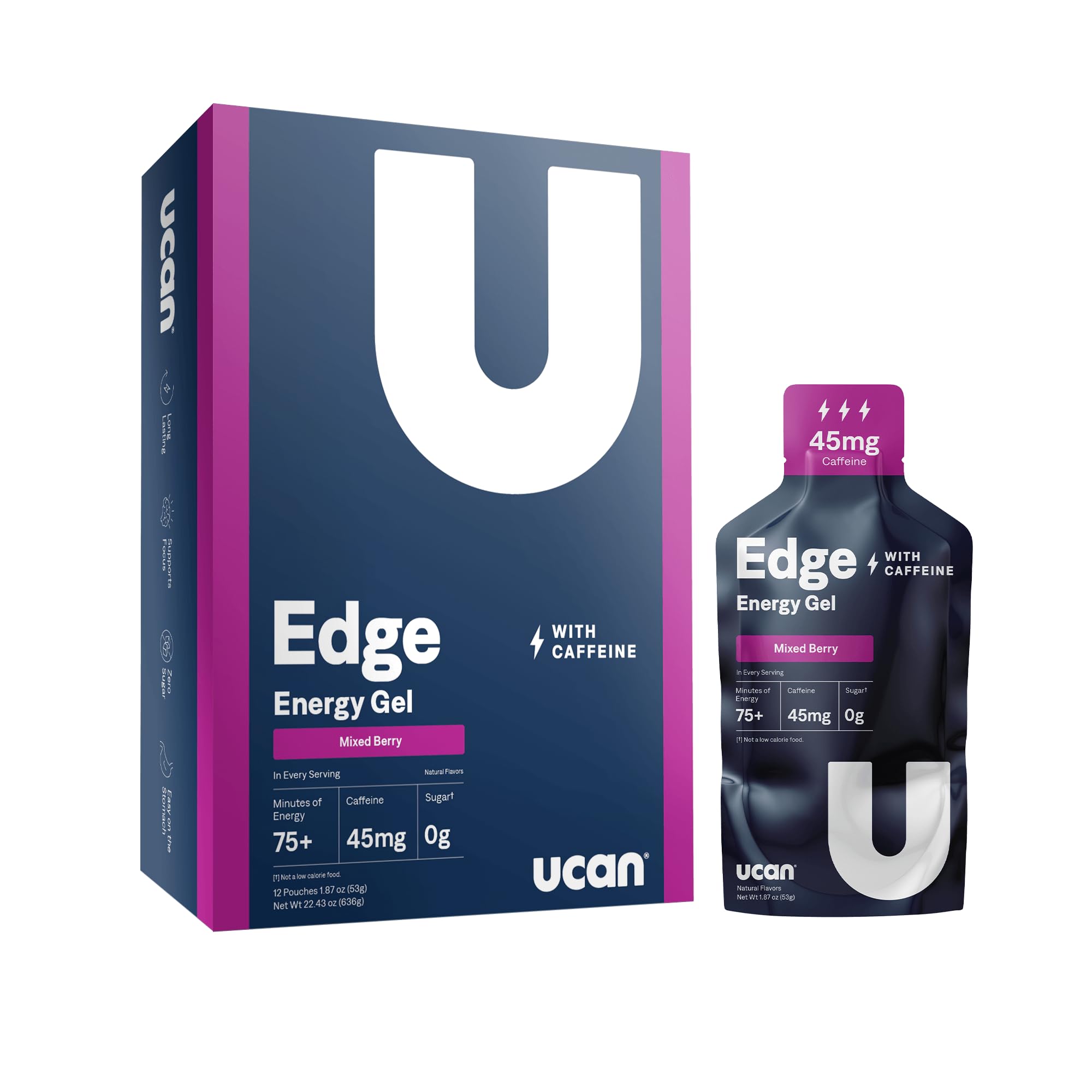 UCAN Edge Gel Shot, sachet baies mélangées: énergie durable pour course et entraînement.