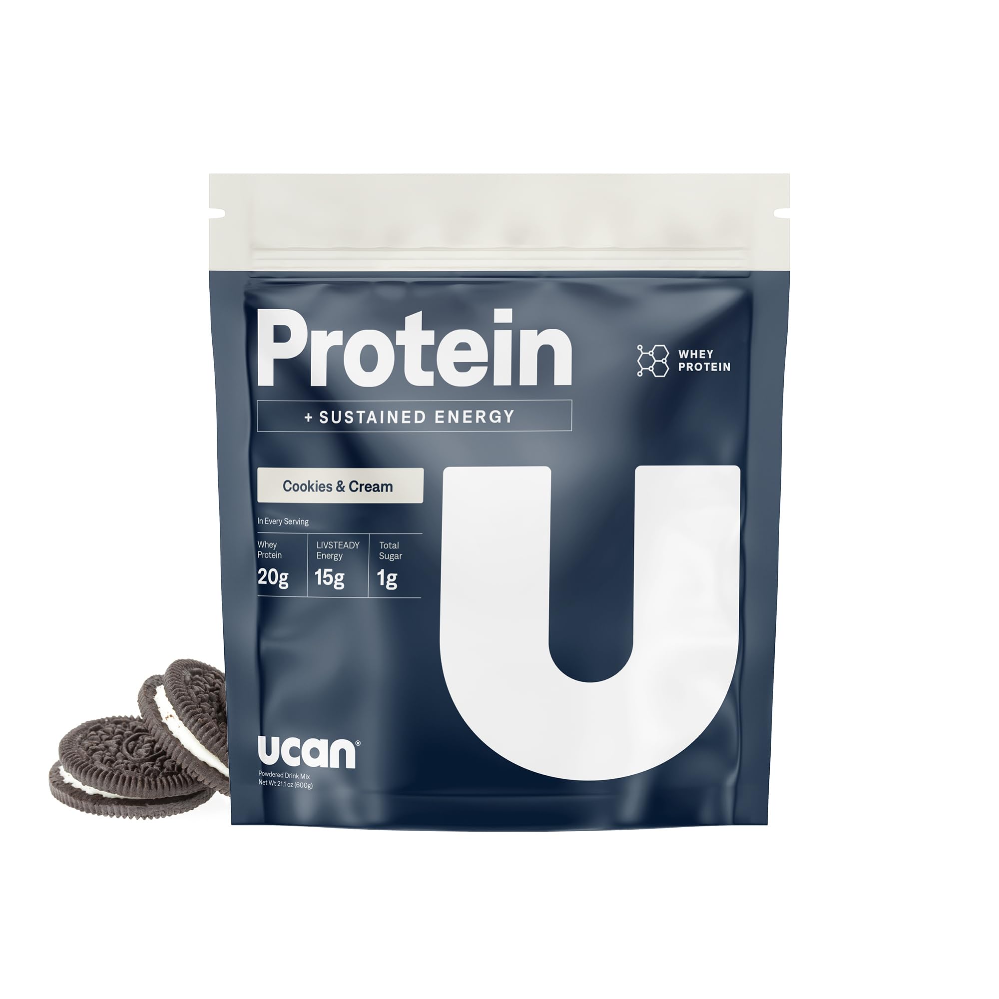 UCAN Énergie et protéine de lactosérum, poudre cookies crème prête à mélanger pour énergie durable.