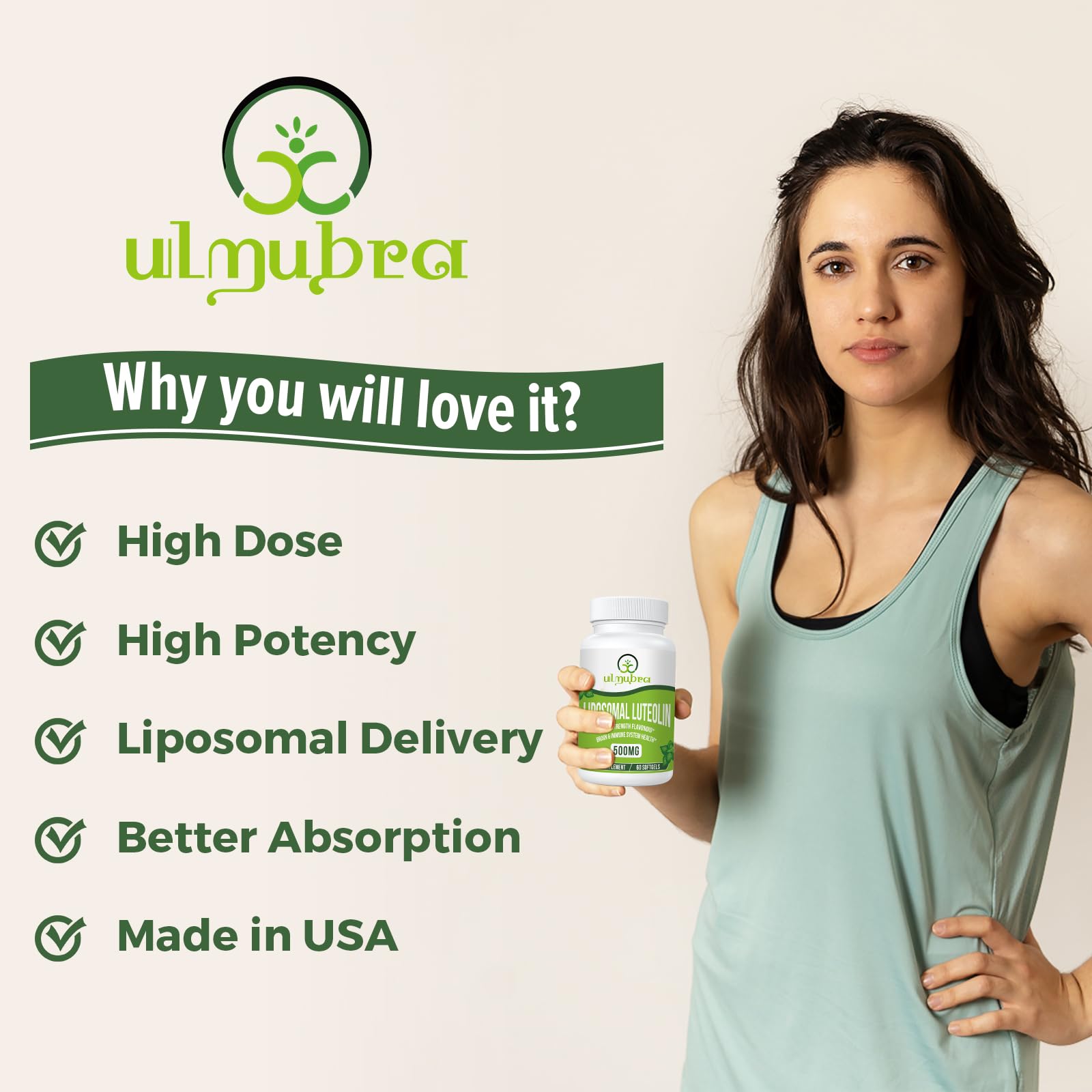 Ulmubra Liposomal Luteolin 500 mg, étiquette claire indiquant ses usages possibles.