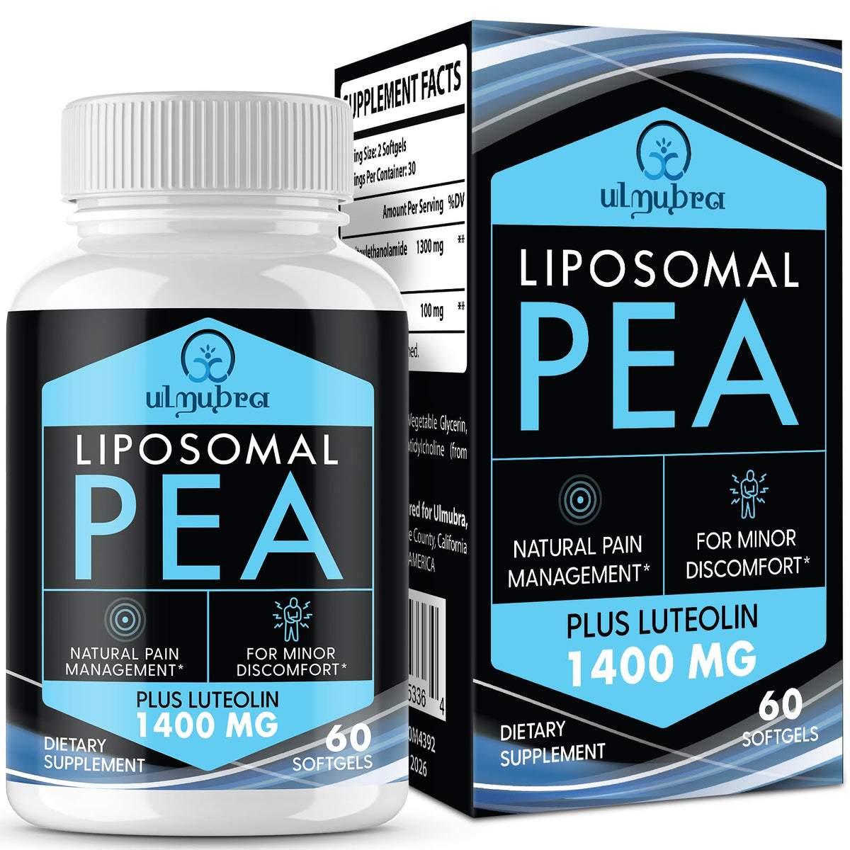 Ulmubra liposomale PEA 1300 mg et luteolin 100 mg, flacon visible, absorption optimale.
