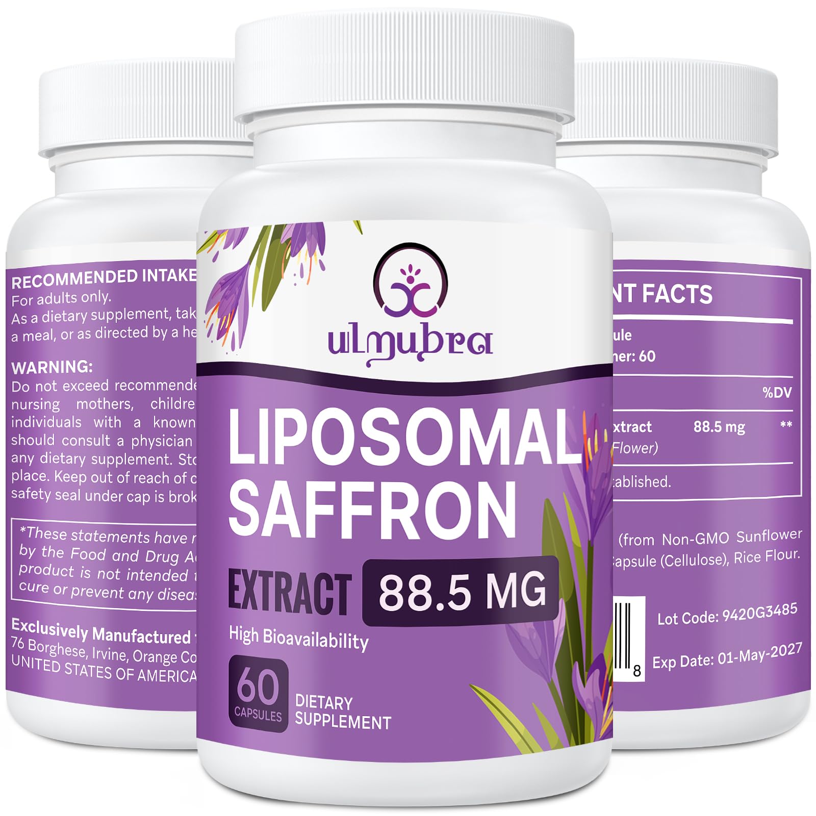 Ulmubra Safran liposomales, bouteille de capsules prête pour routine quotidienne.