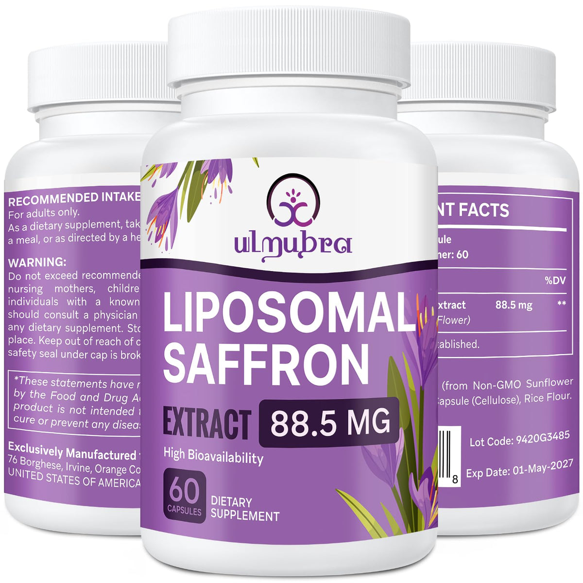 Ulmubra Safran liposomales, bouteille de capsules prête pour routine quotidienne.