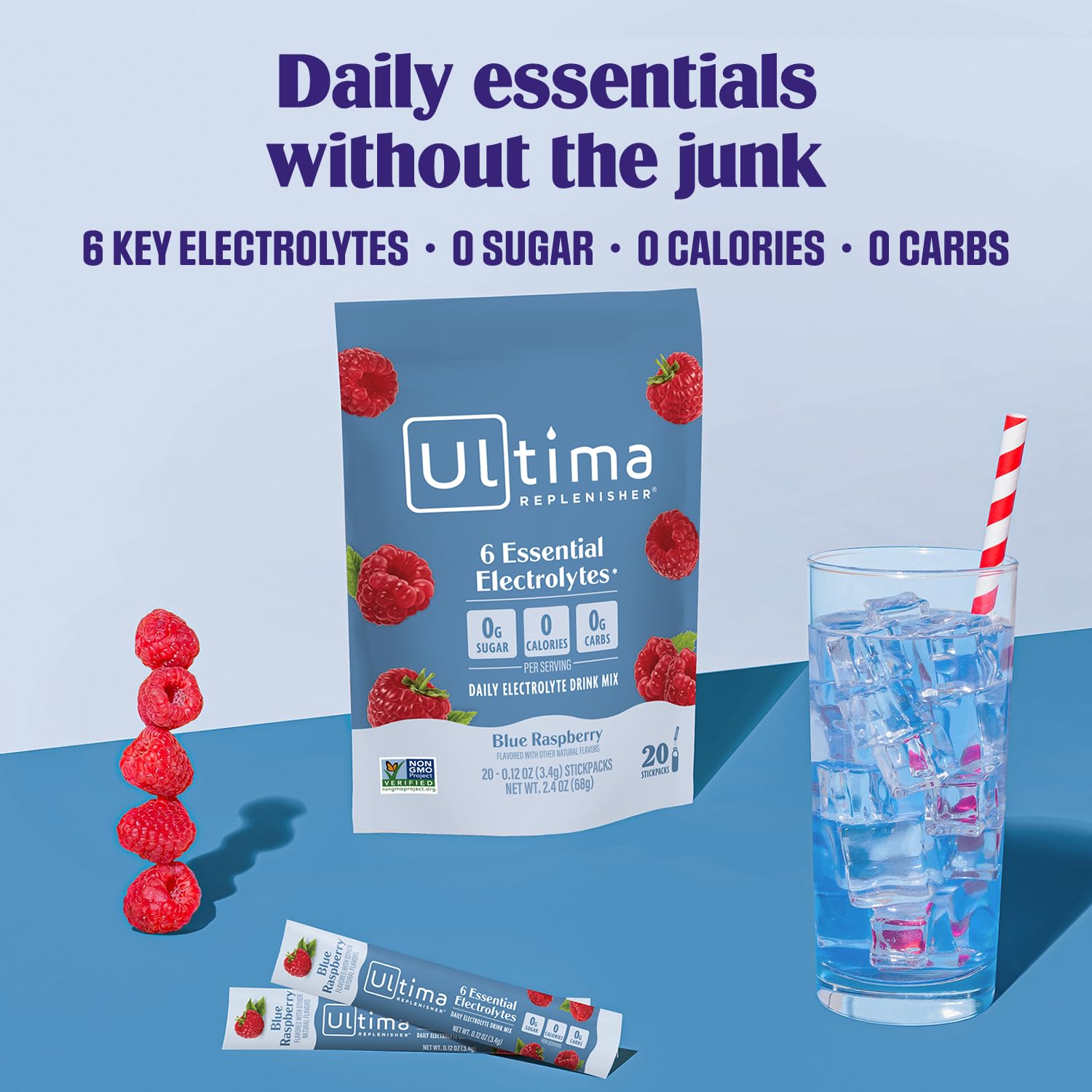 Boîte de 20 sachets Ultima Replenisher bleu-framboise idéale en déplacement