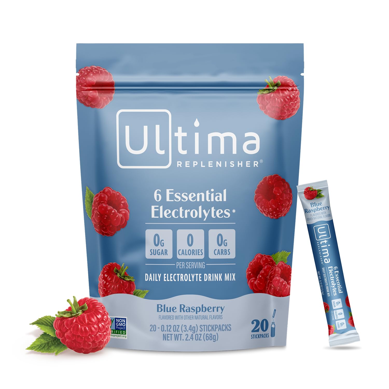 Ultima Replenisher stickpack bleu-framboise pour hydratation quotidienne sans sucre