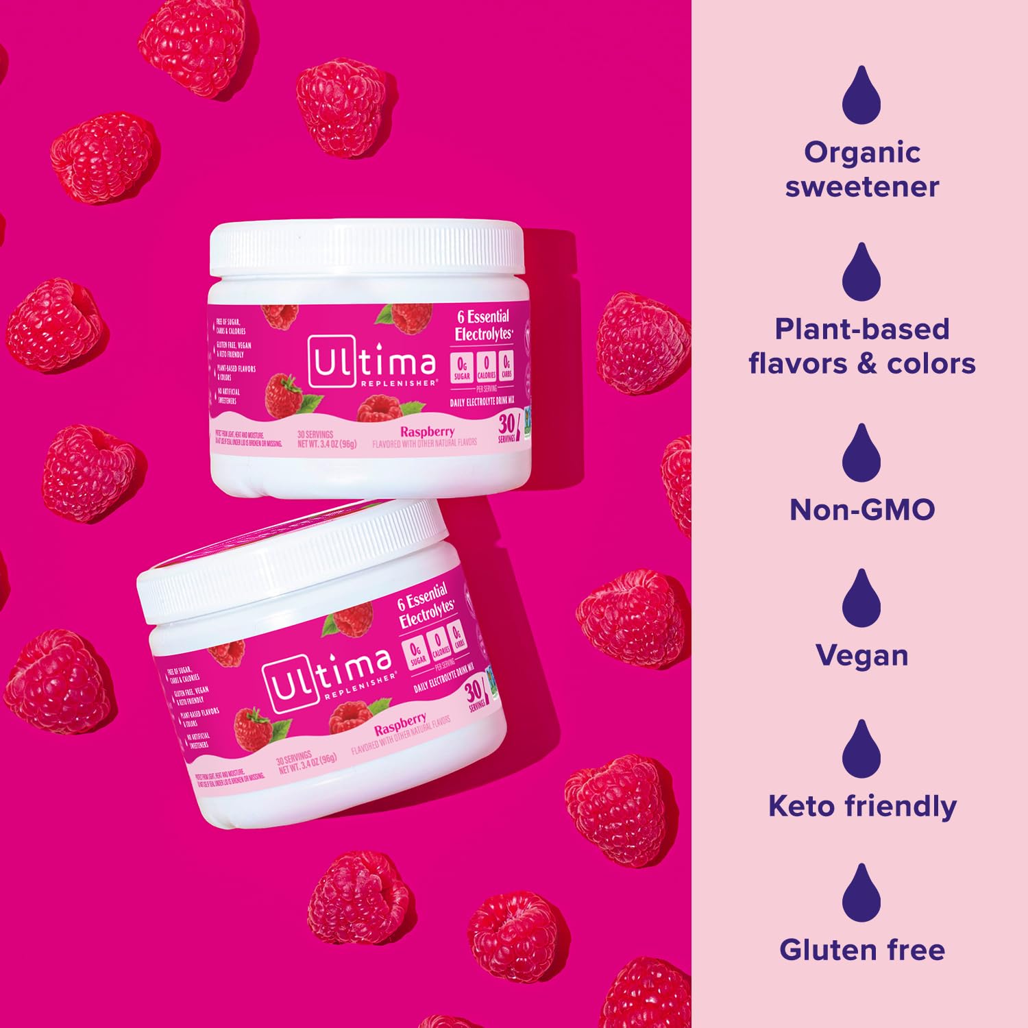 Ultima Replenisher Framboise édulcoré naturellement par stevia.