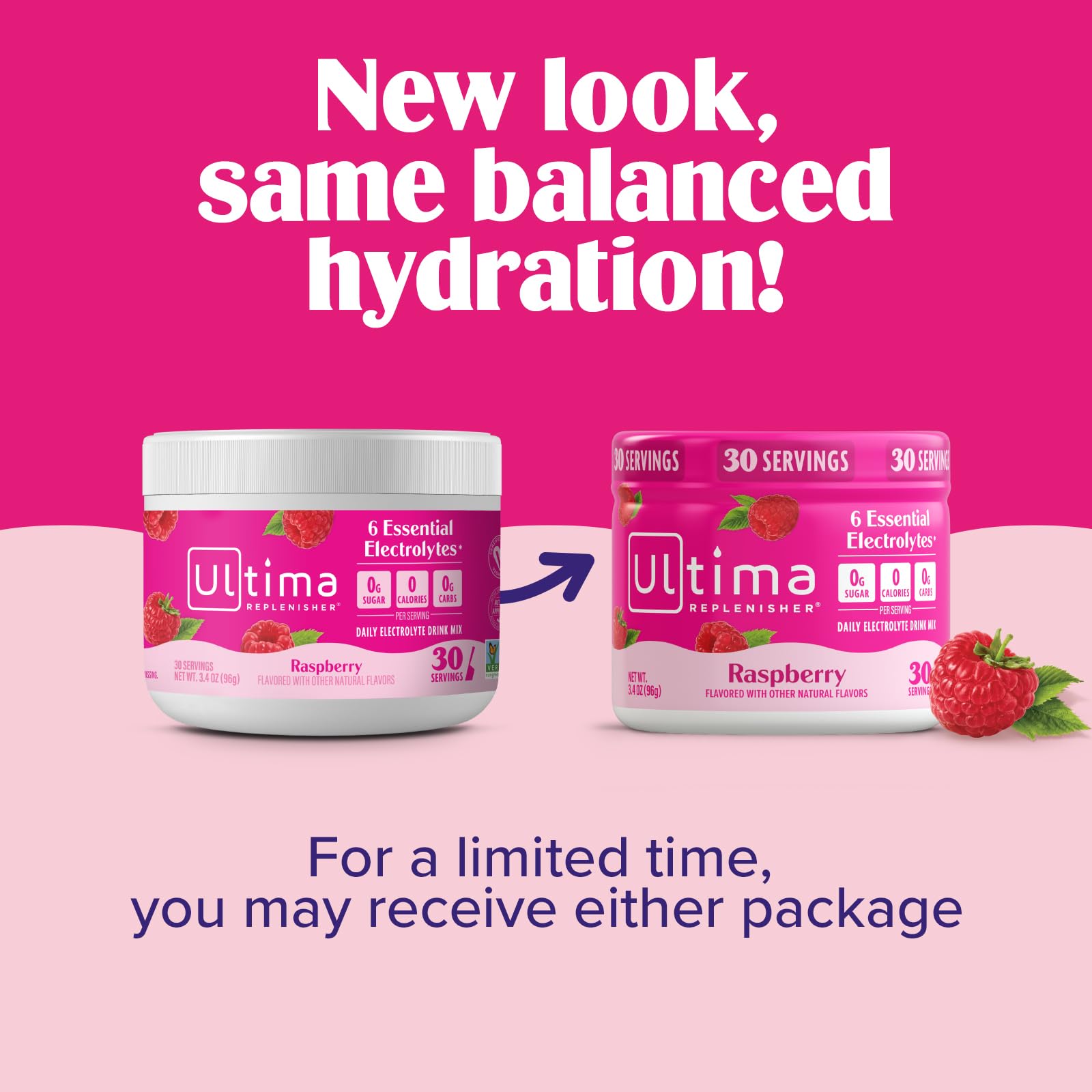 Label végan et sans OGM sur le pot Ultima Replenisher Framboise.