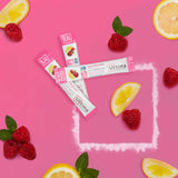 Ultima Replenisher pochettes dans verre; dosage facile pour hydratation nomade.