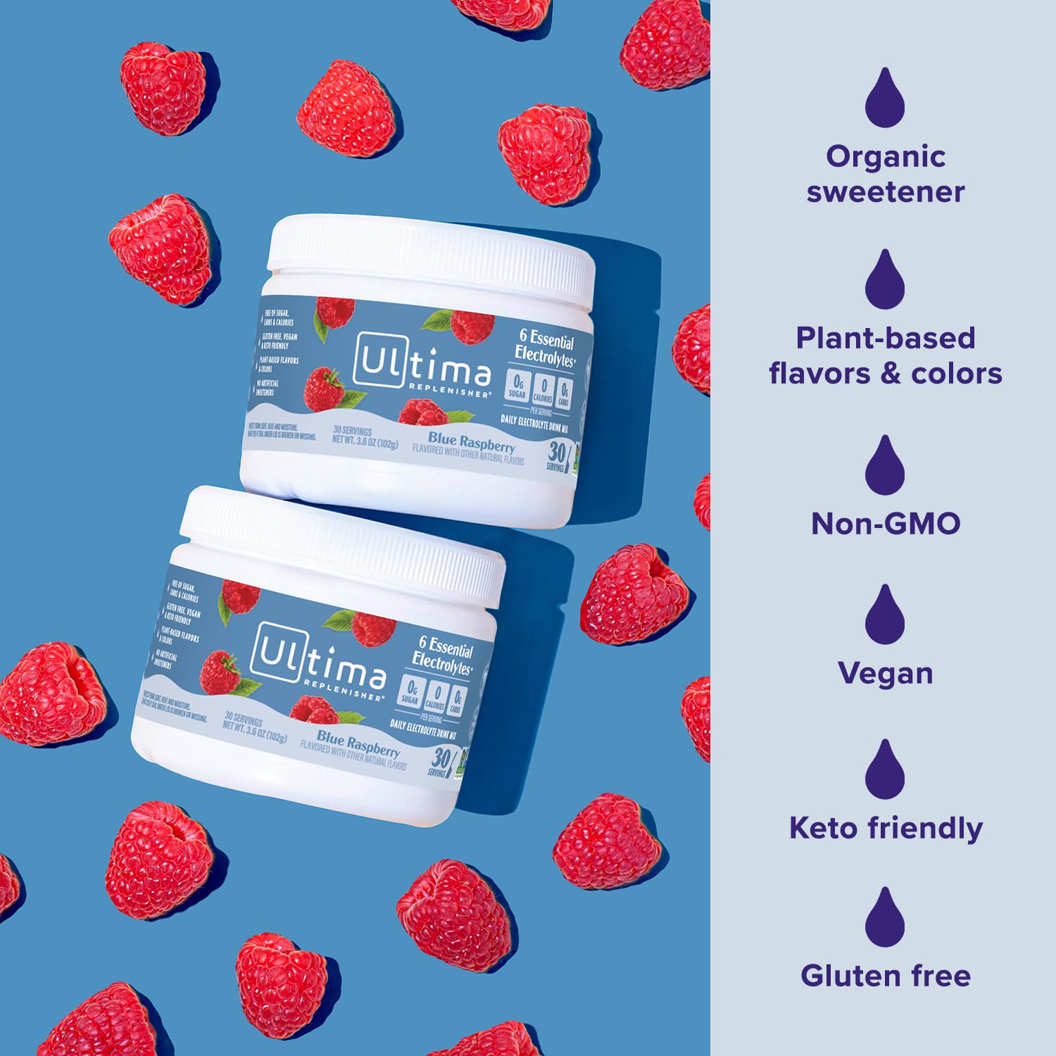 Poudre Ultima Replenisher bleu-framboise en dissolution dans l’eau.