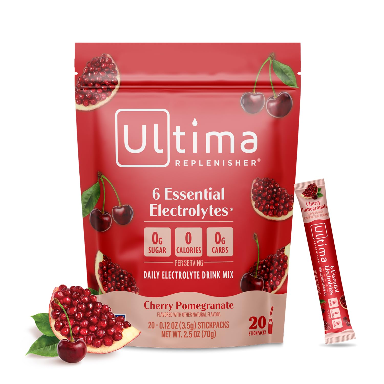 Ultima Replenisher poudre électrolytique cerise grenade pour hydratation équilibrée.