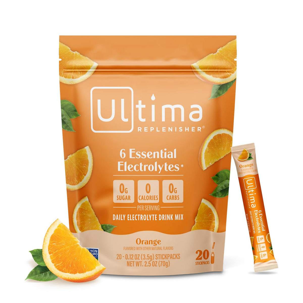 Ultima Replenisher poudre électrolyte orange, sachet: hydratation pratique en déplacement.
