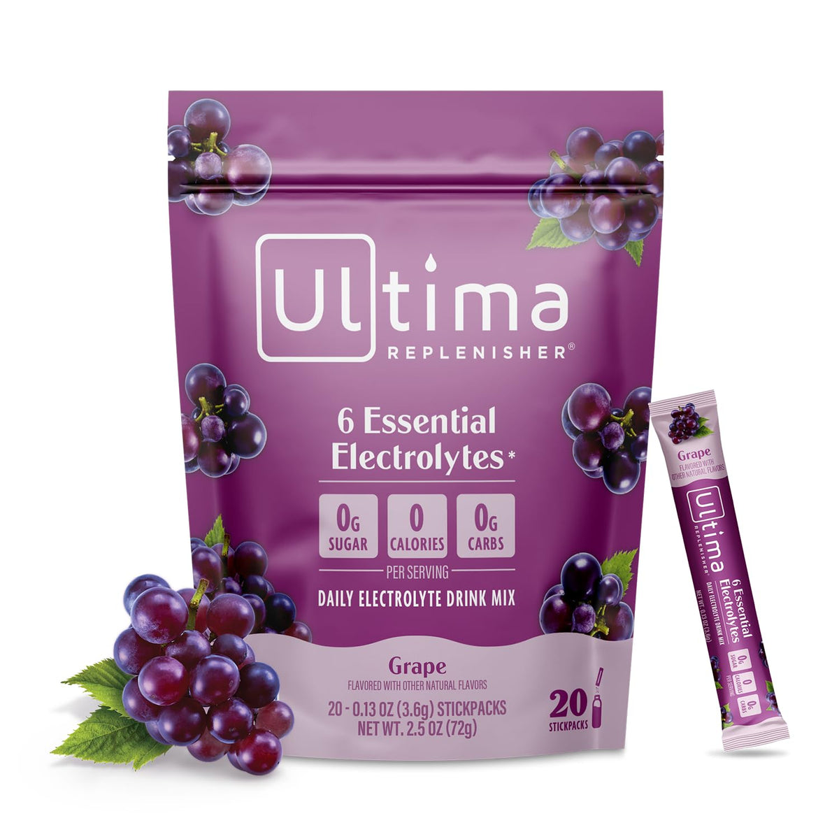 Ultima Replenisher poudre électrolytique raisin, sachets pour hydratation quotidienne.