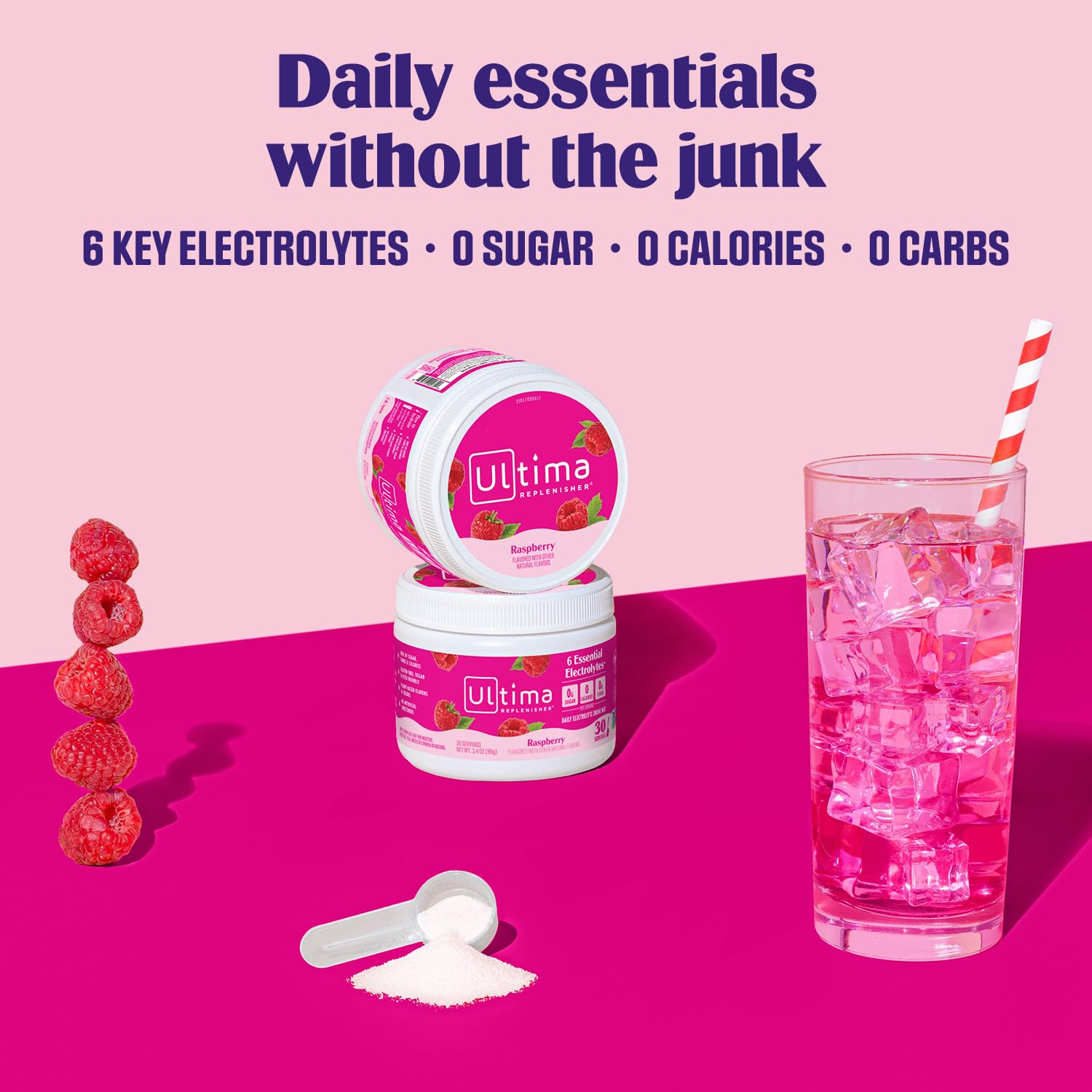 Poudre Ultima Replenisher Framboise dans un shaker, sans sucre.