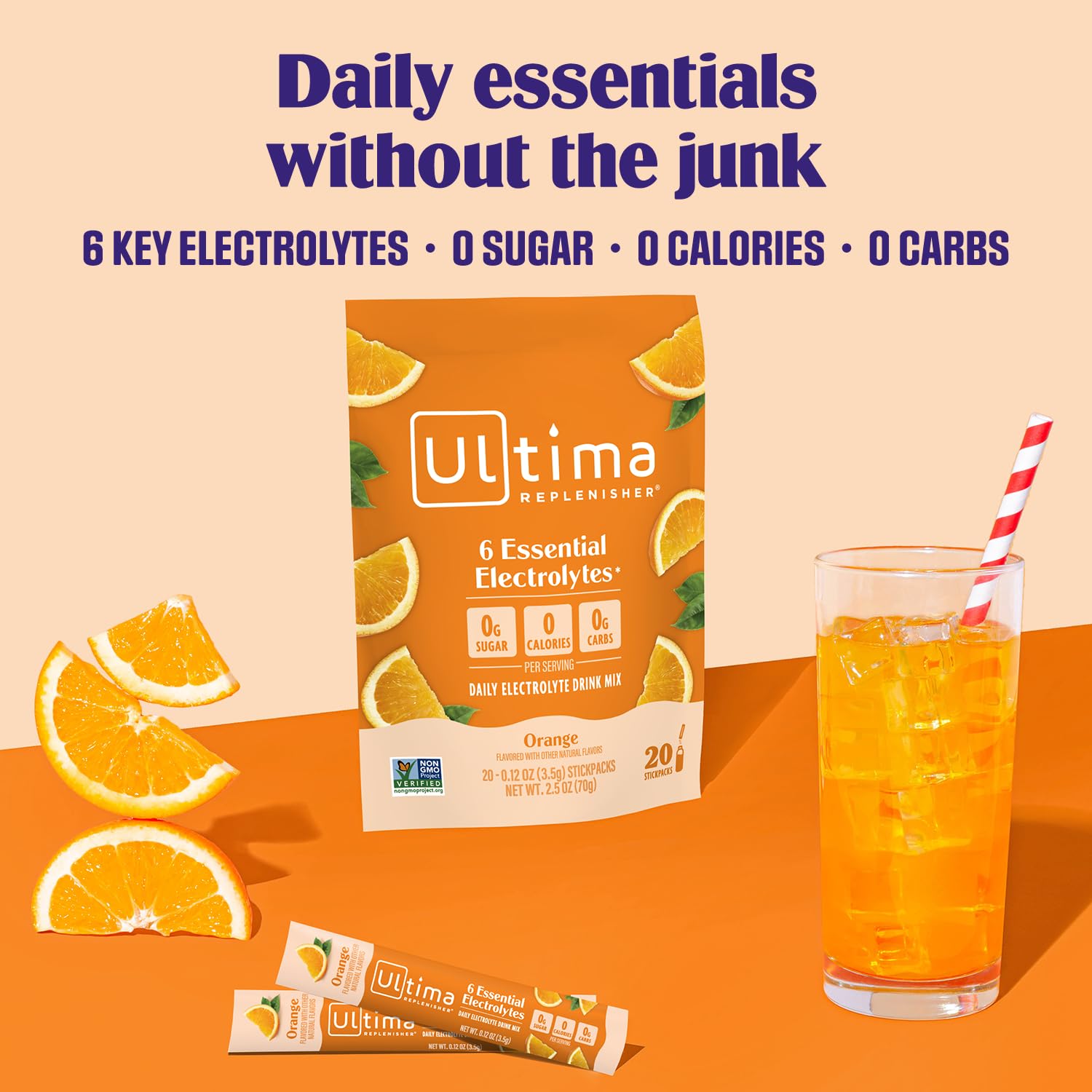 Ultima Replenisher sachet orange: saveur fruitée sans sucre.