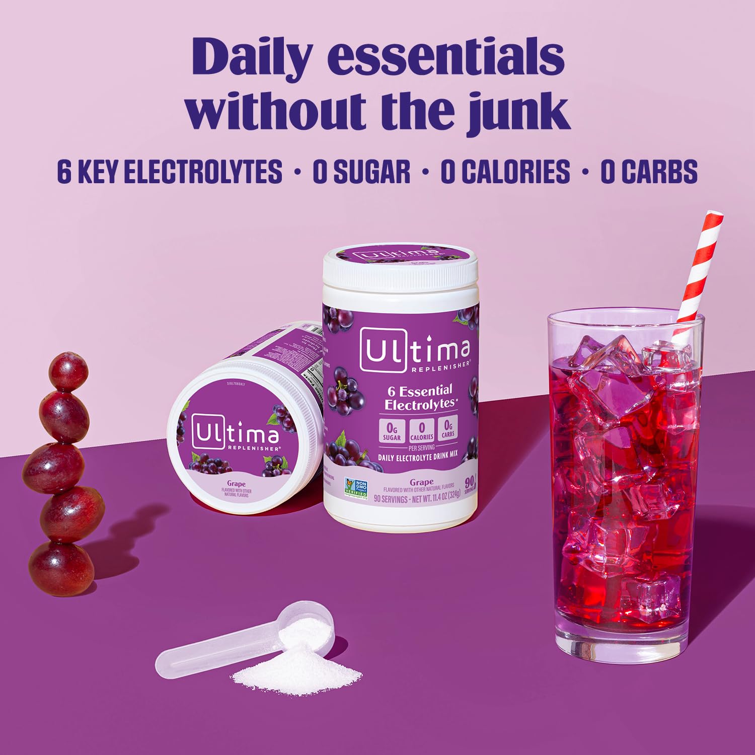 Sachet poudre Ultima Replenisher révélant la saveur raisin et les bénéfices sans sucre.