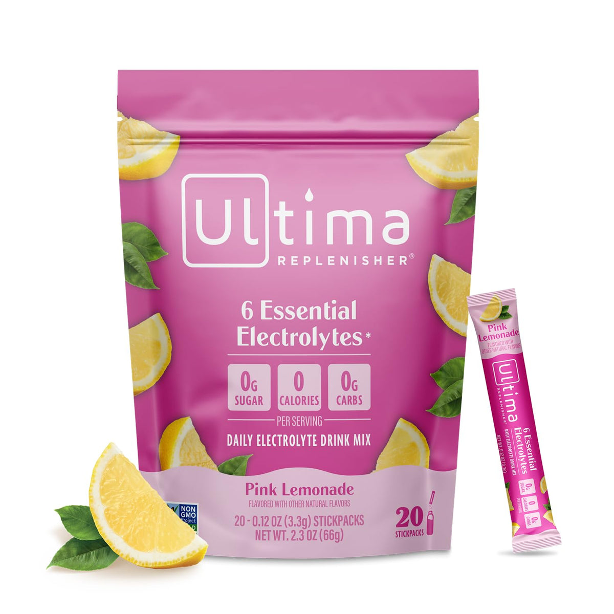 Ultima Replenisher sachets électrolyte citron-rose pour hydration quotidienne sans sucre.