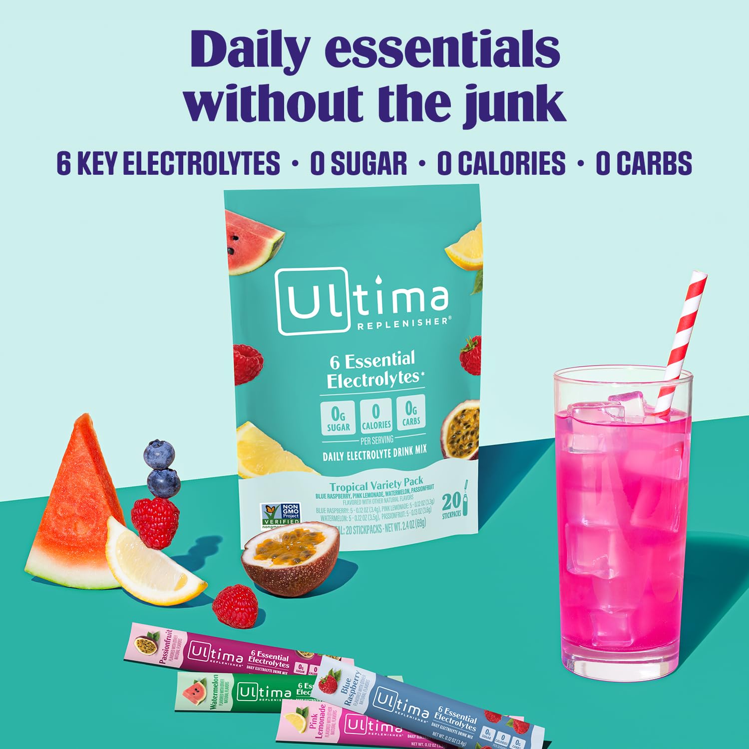 Ultima Replenisher sachets électrolytes citronnade rose – boisson fruitée sans calories