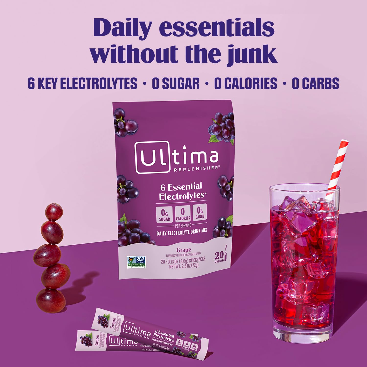 Sachets Ultima Replenisher hydratation raisin, 20 portions à emporter.