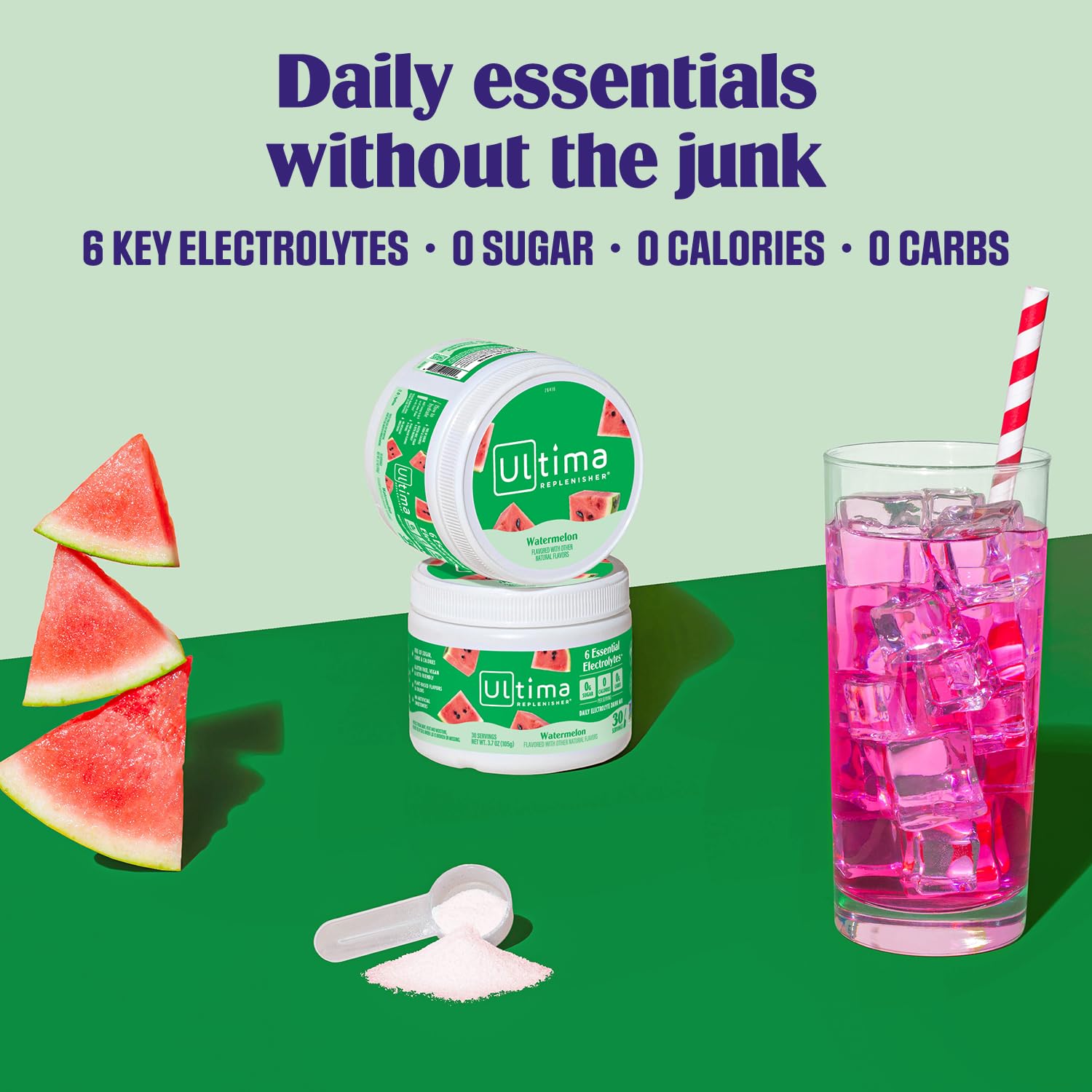 Ultima Replenisher – verre d'eau avec poudre électrolyte pastèque, mélange rapide.