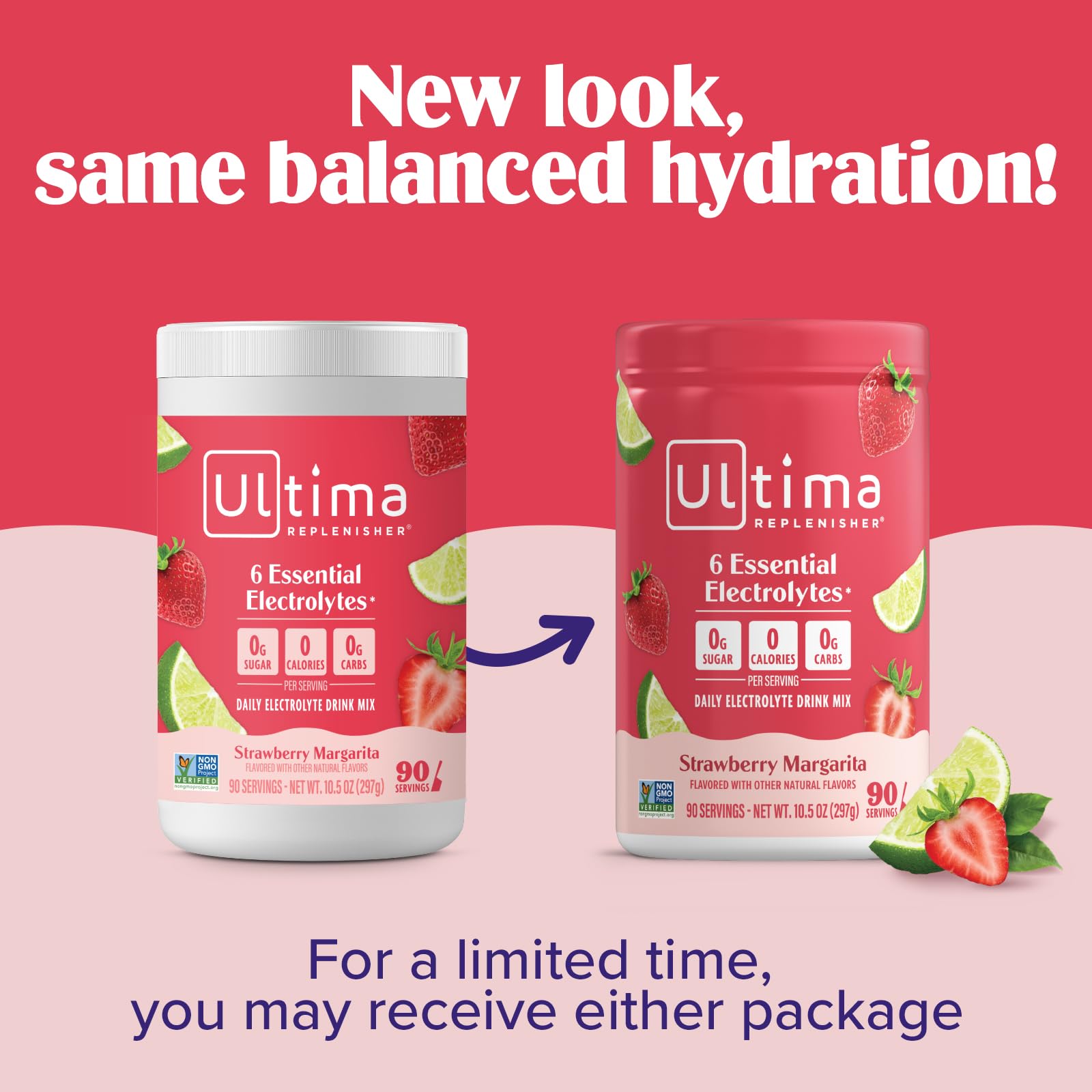 Verre d'eau avec Ultima Replenisher fraise Margarita et glaçons