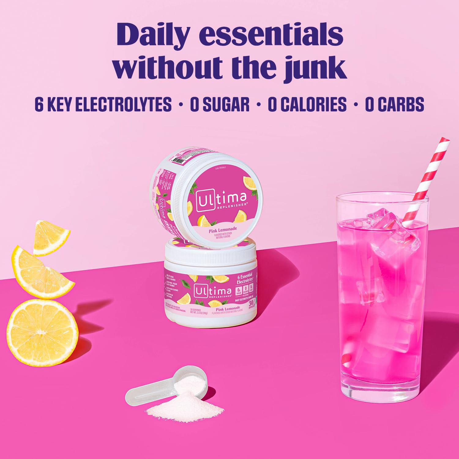 Verre d'eau frais avec Pink Lemonade et glaçons utilisant Ultima Replenisher
