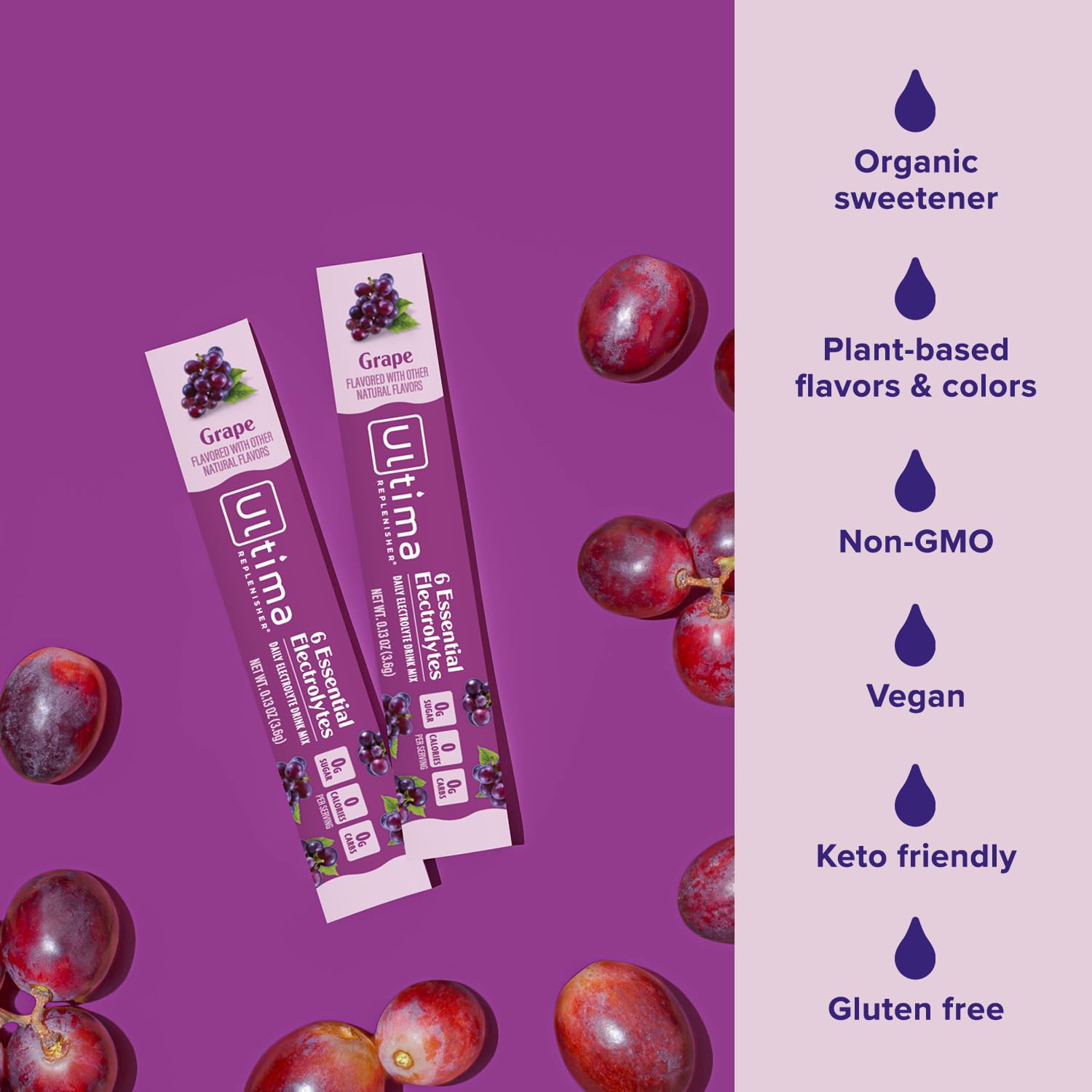 Goût raisin naturel sans sucre ajouté et sans édulcorants artificiels.