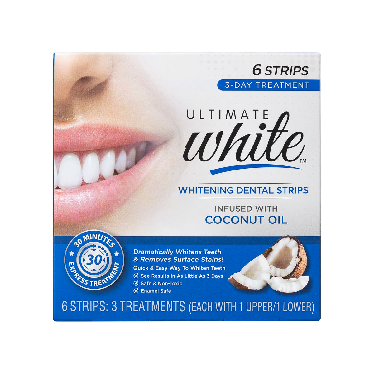 Ultimate White – étui des bandes blanchiment-dents, prêt pour une utilisation rapide et pratique.