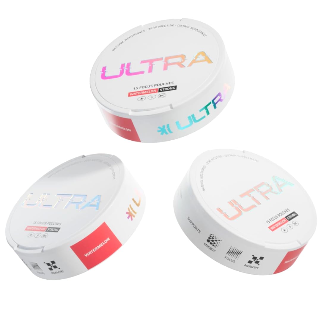 Ultra Focus Pouches Pastèque – emballage élégant et énergie naturelle sans caféine.