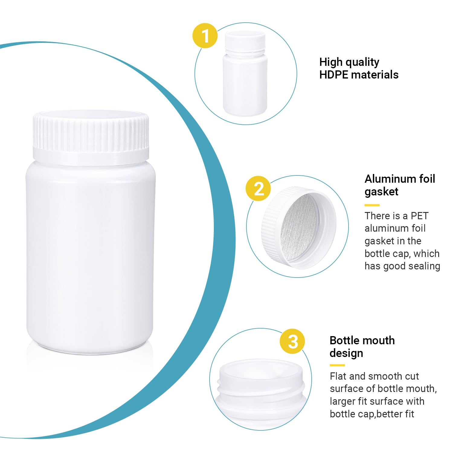 UMETASS bouteille-pilules blanc 50ml corps HDPE résistant et réutilisable